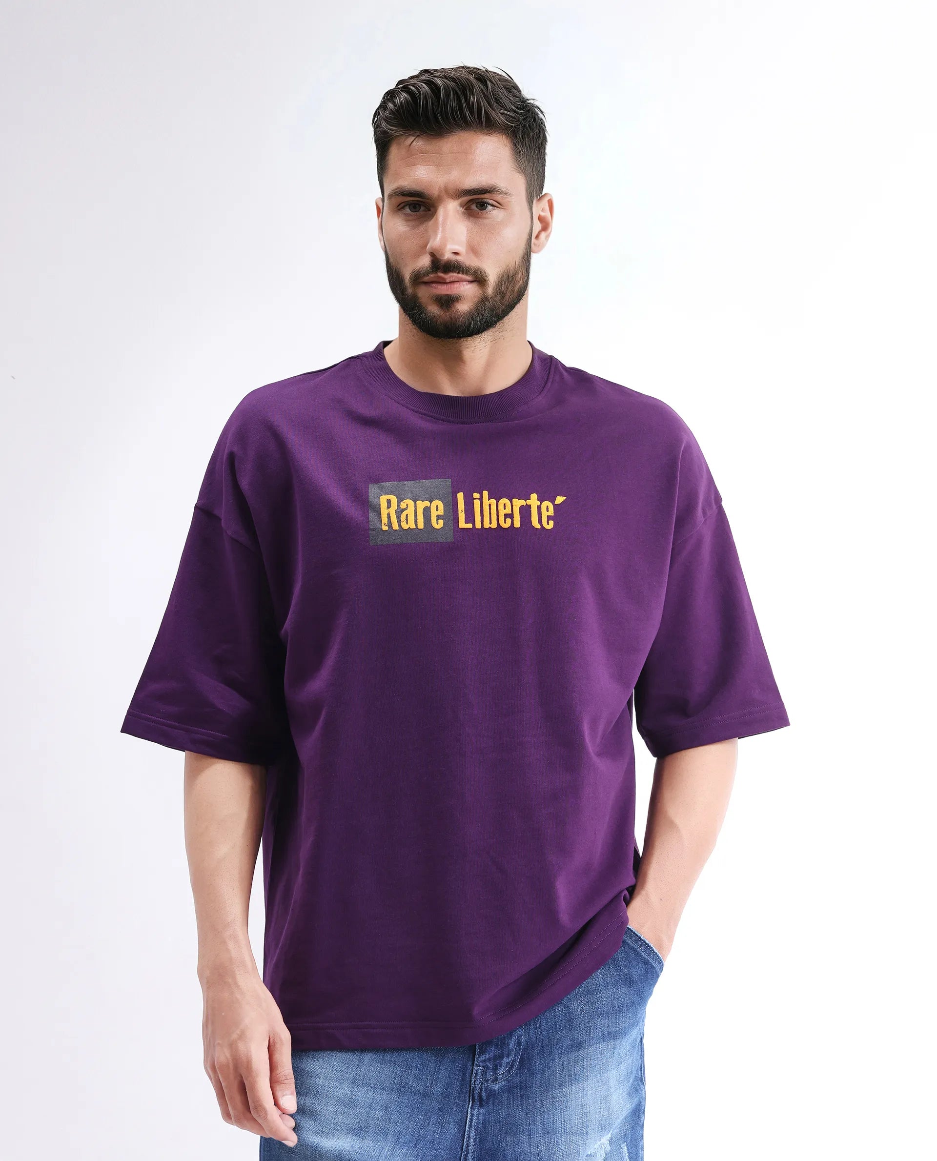 Rare Rabbit Men's Moshe Purple Cotton Graphic Print Oversized Fit Half Sleeve Crew Neck T-Shirt