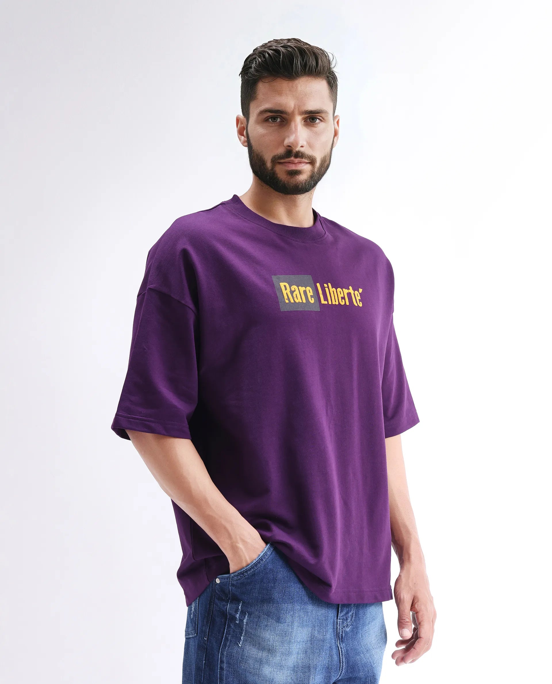 Rare Rabbit Men's Moshe Purple Cotton Graphic Print Oversized Fit Half Sleeve Crew Neck T-Shirt