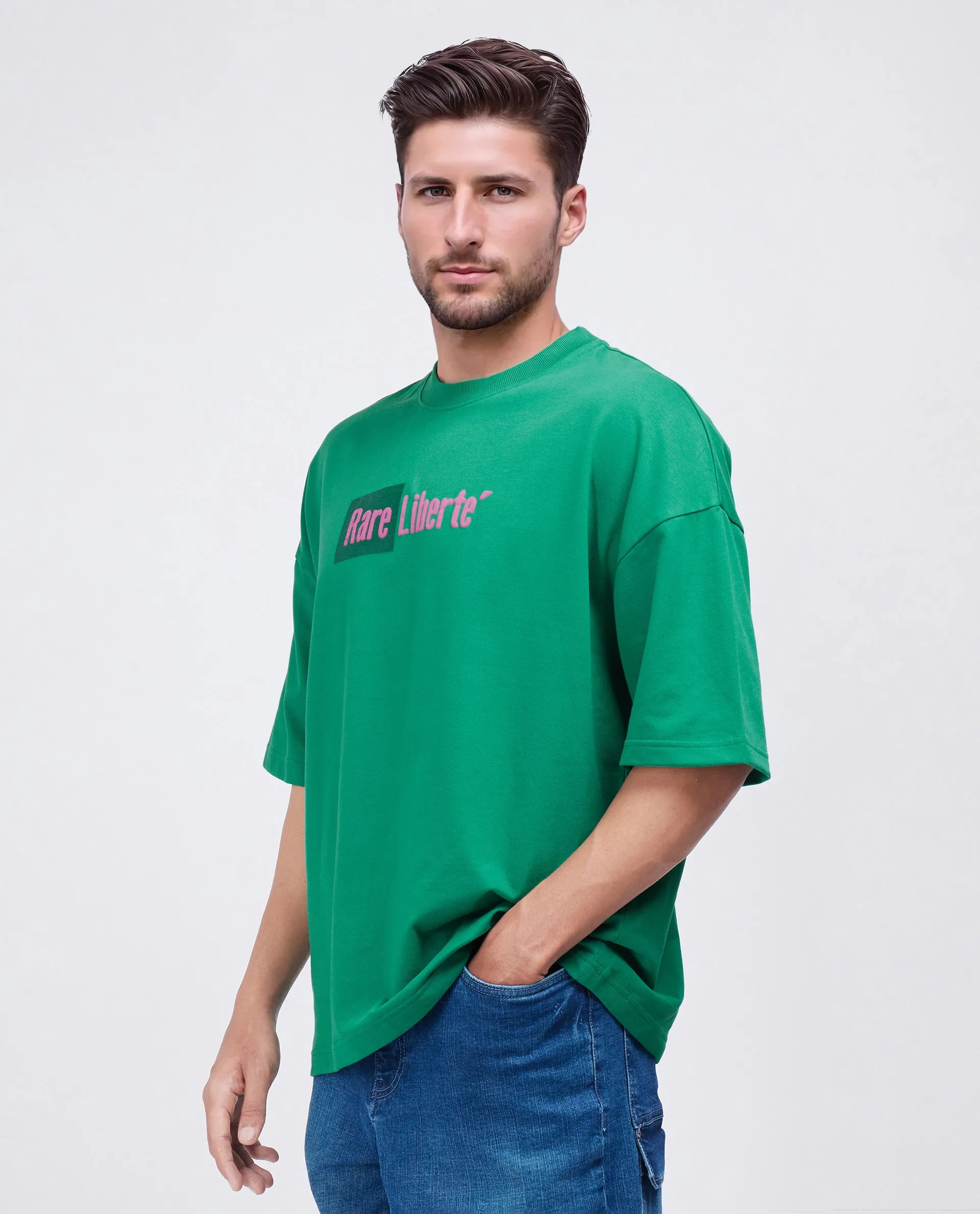 Rare Rabbit Men Moshe Green Cotton Fabric Short Sleeve Slip-On Oversized Fit Printed T-Shirt