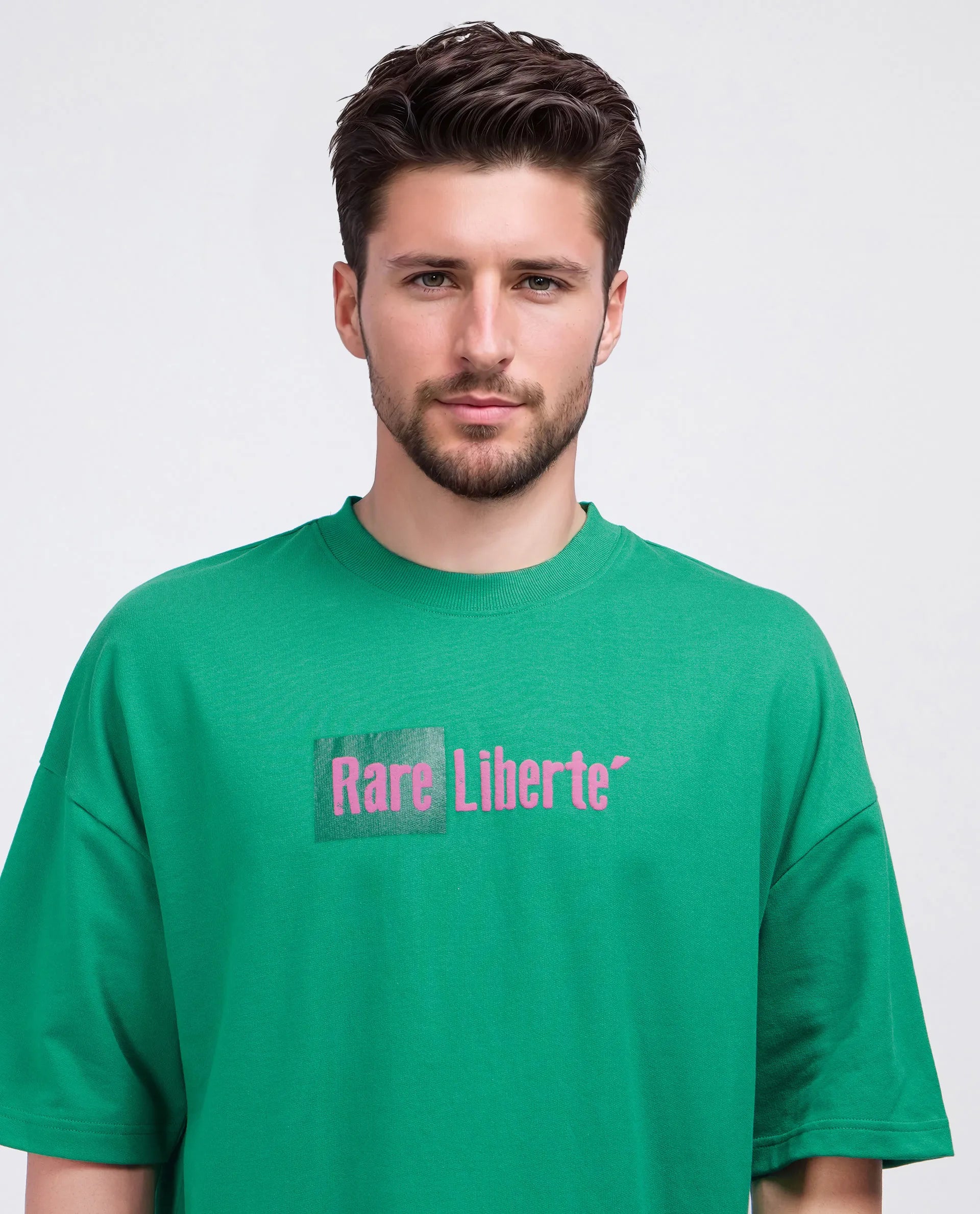 Rare Rabbit Men Moshe Green Cotton Fabric Short Sleeve Slip-On Oversized Fit Printed T-Shirt