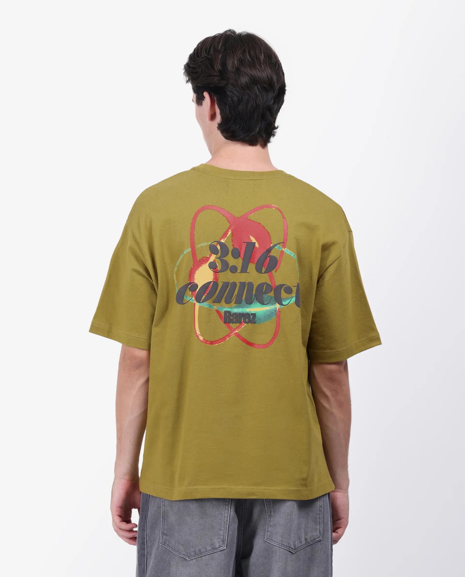Rare Rabbit Men's Mosh Olive Cotton Graphic Back Print Oversized Fit Half Sleeve Crew Neck T-Shirt