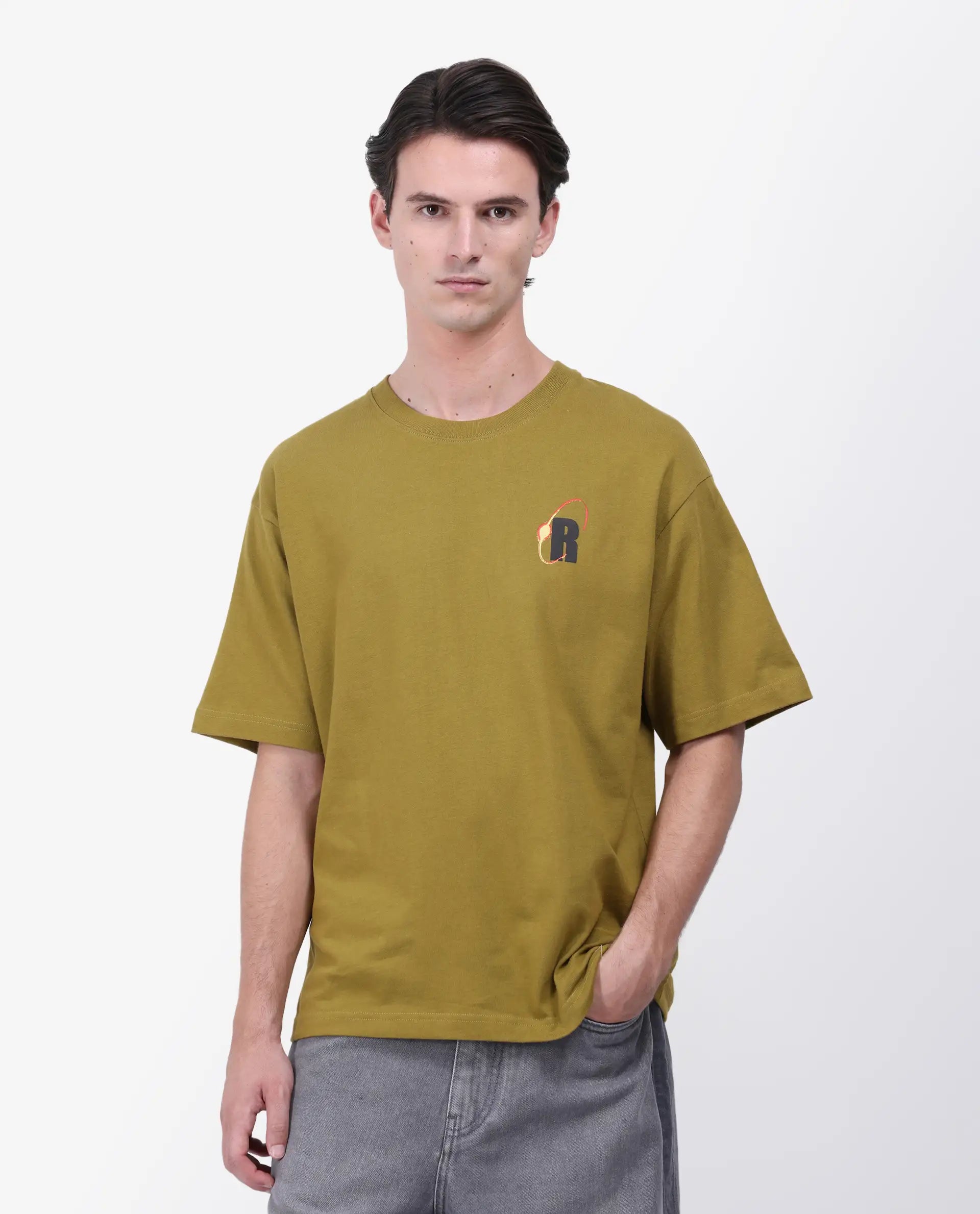 Rare Rabbit Men's Mosh Olive Cotton Graphic Back Print Oversized Fit Half Sleeve Crew Neck T-Shirt
