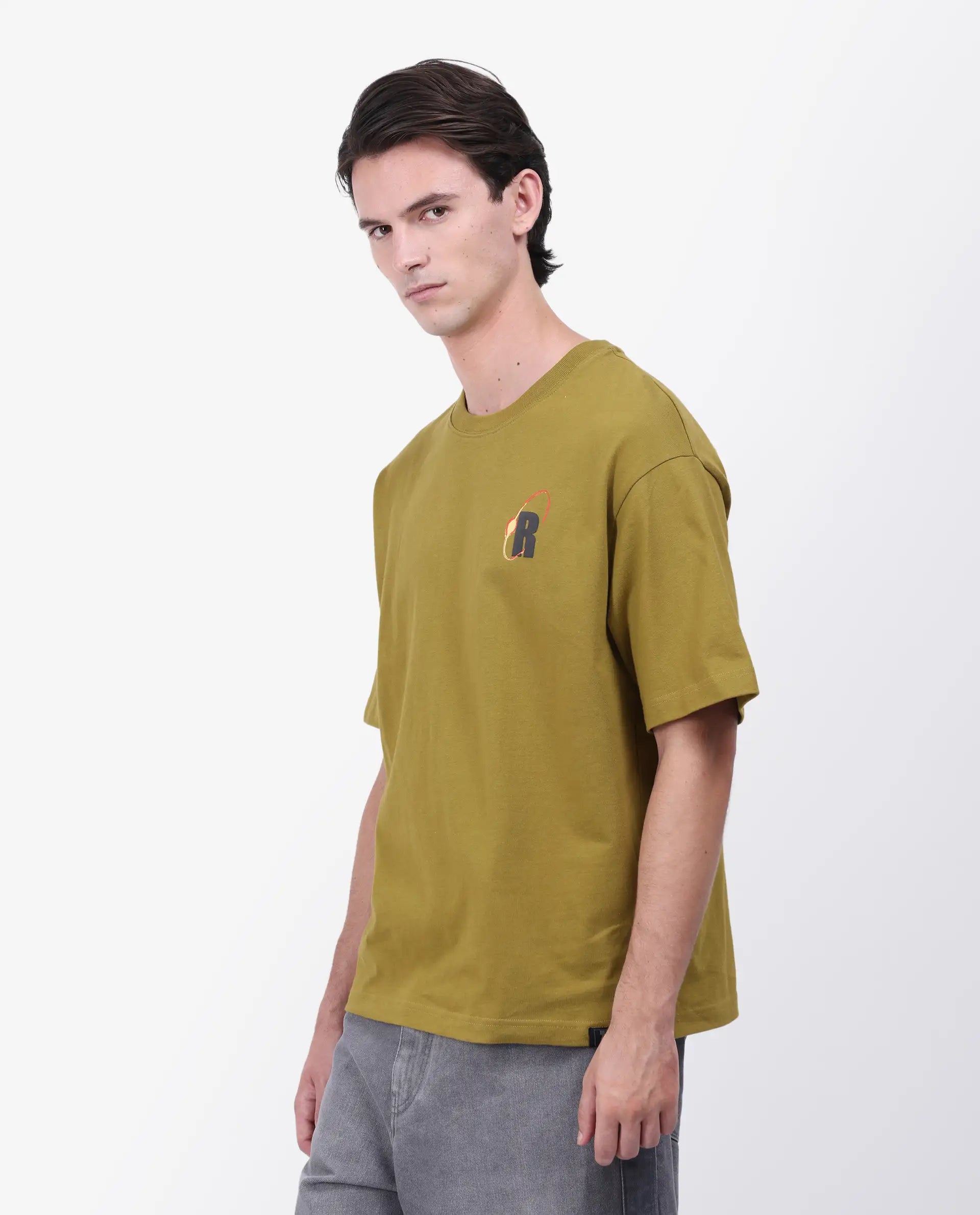 Rare Rabbit Men's Mosh Olive Cotton Graphic Back Print Oversized Fit Half Sleeve Crew Neck T-Shirt