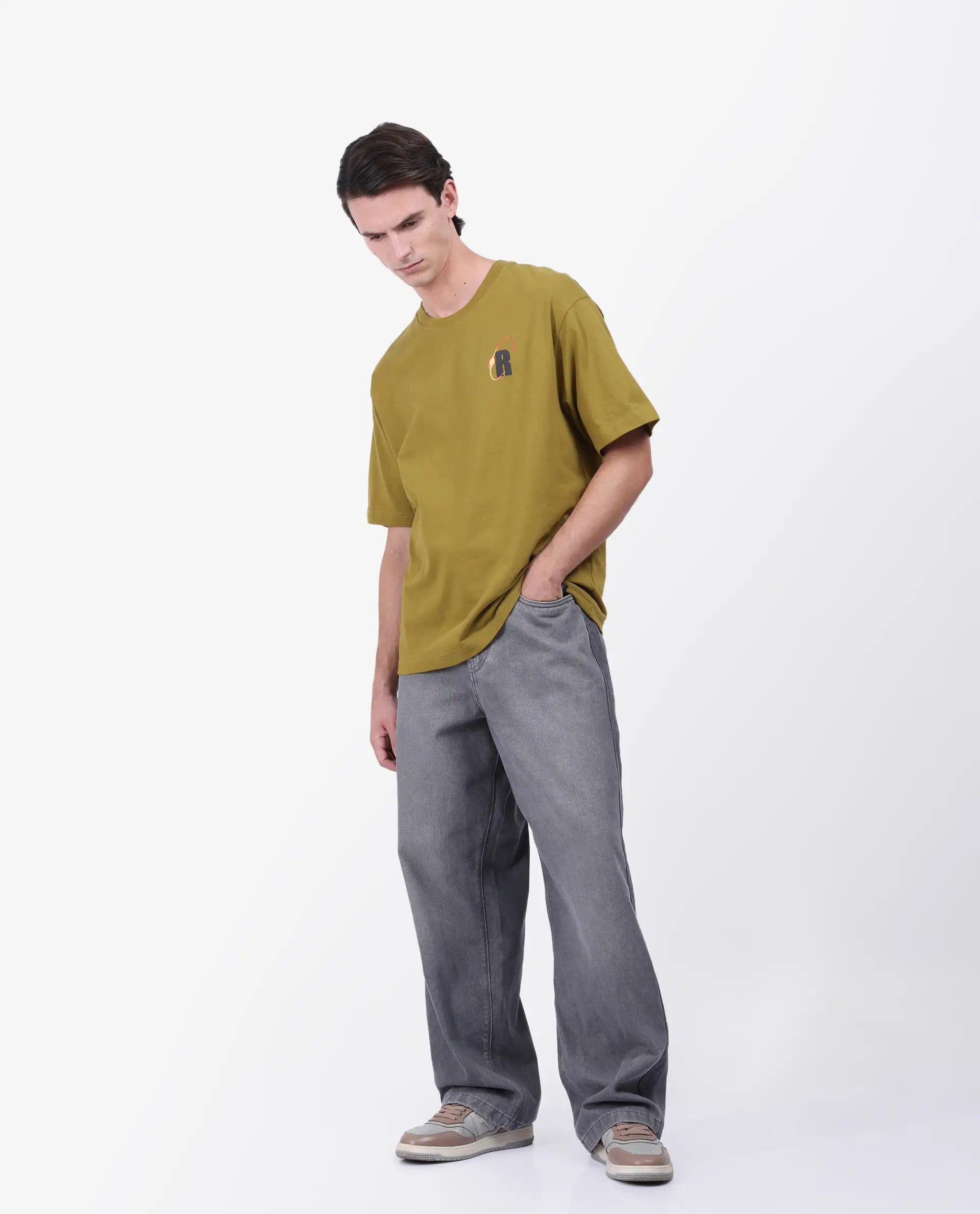 Rare Rabbit Men's Mosh Olive Cotton Graphic Back Print Oversized Fit Half Sleeve Crew Neck T-Shirt