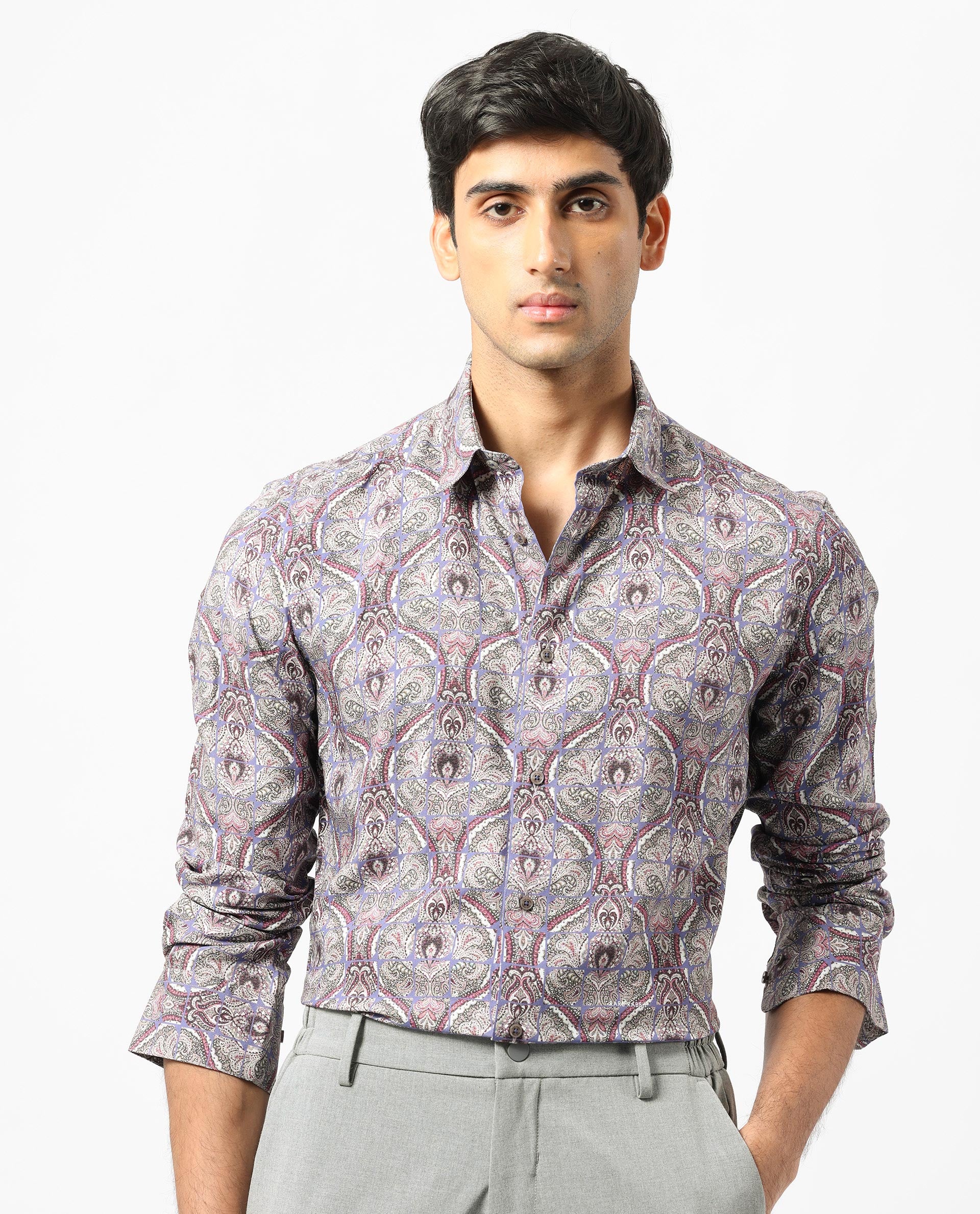 Rare Rabbit Men's Mosaic Purple Cotton Fabric Paisley Print Full Sleeves Shirt