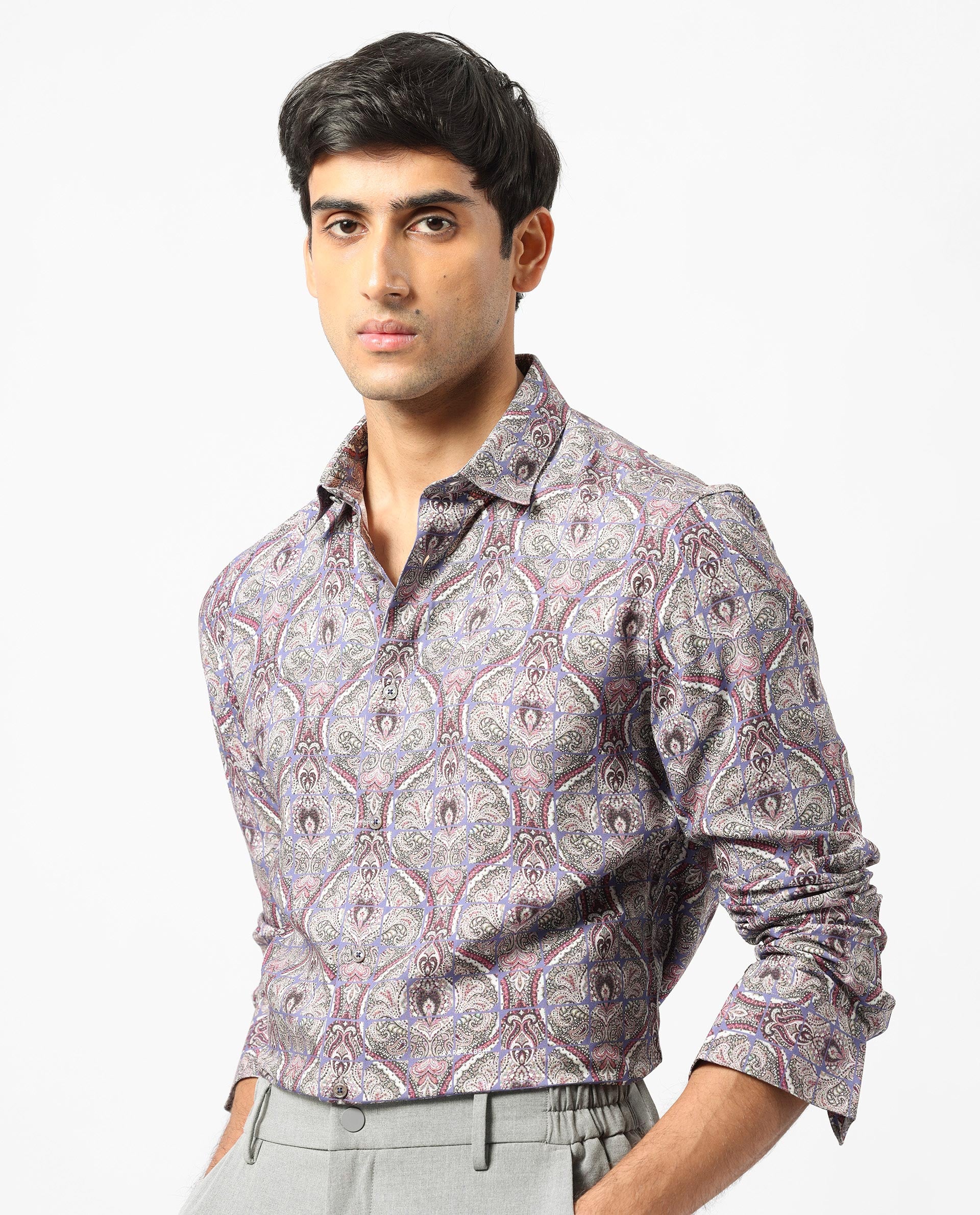 Rare Rabbit Men's Mosaic Purple Cotton Fabric Paisley Print Full Sleeves Shirt