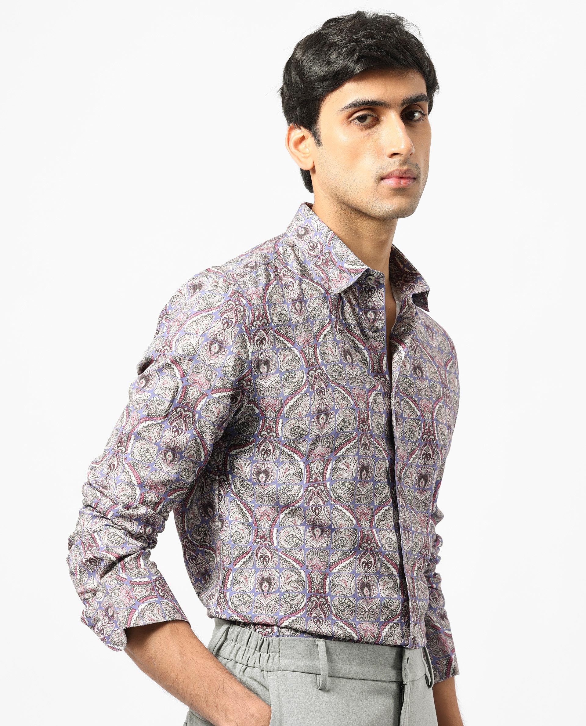 Rare Rabbit Men's Mosaic Purple Cotton Fabric Paisley Print Full Sleeves Shirt