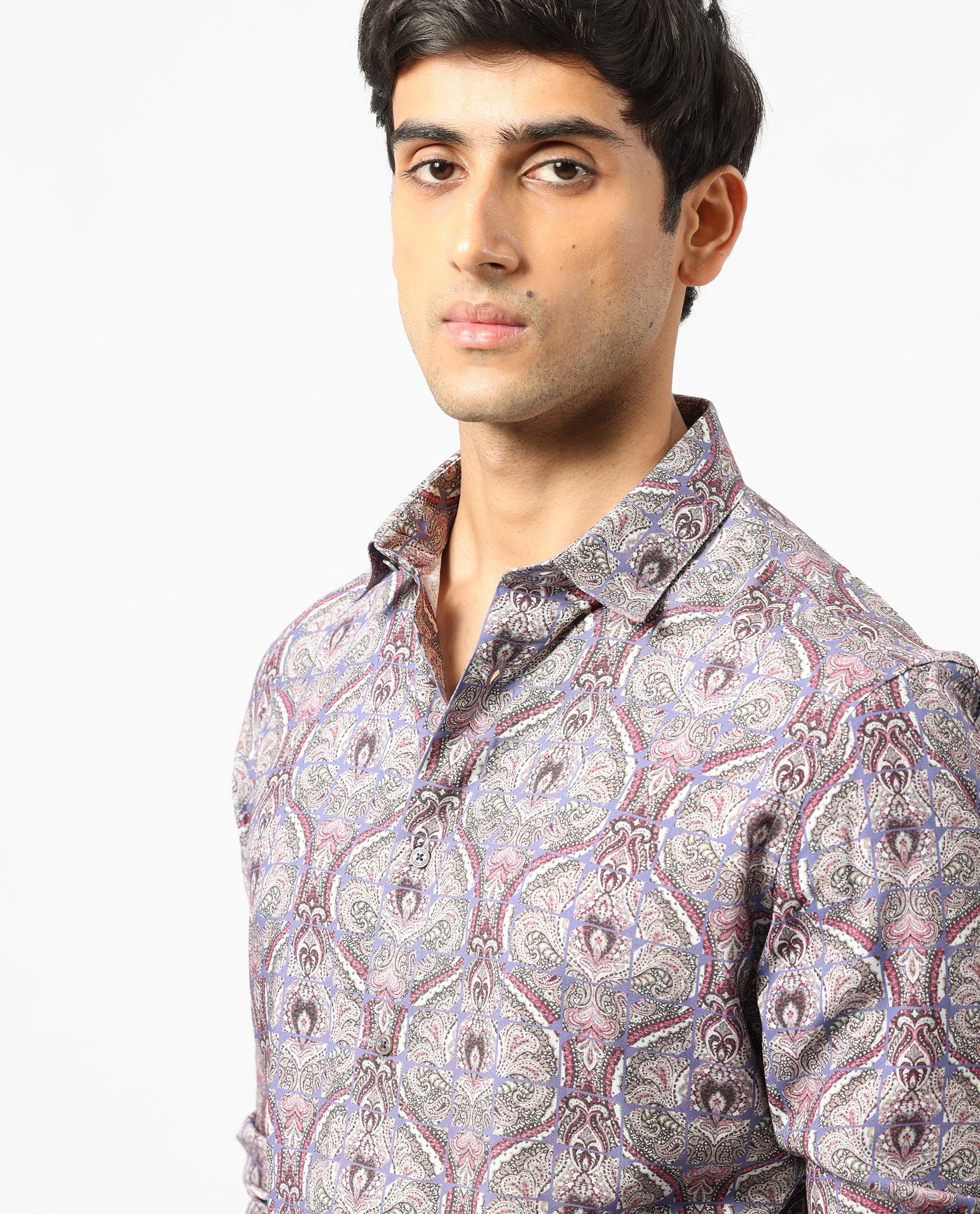 Rare Rabbit Men's Mosaic Purple Cotton Fabric Paisley Print Full Sleeves Shirt