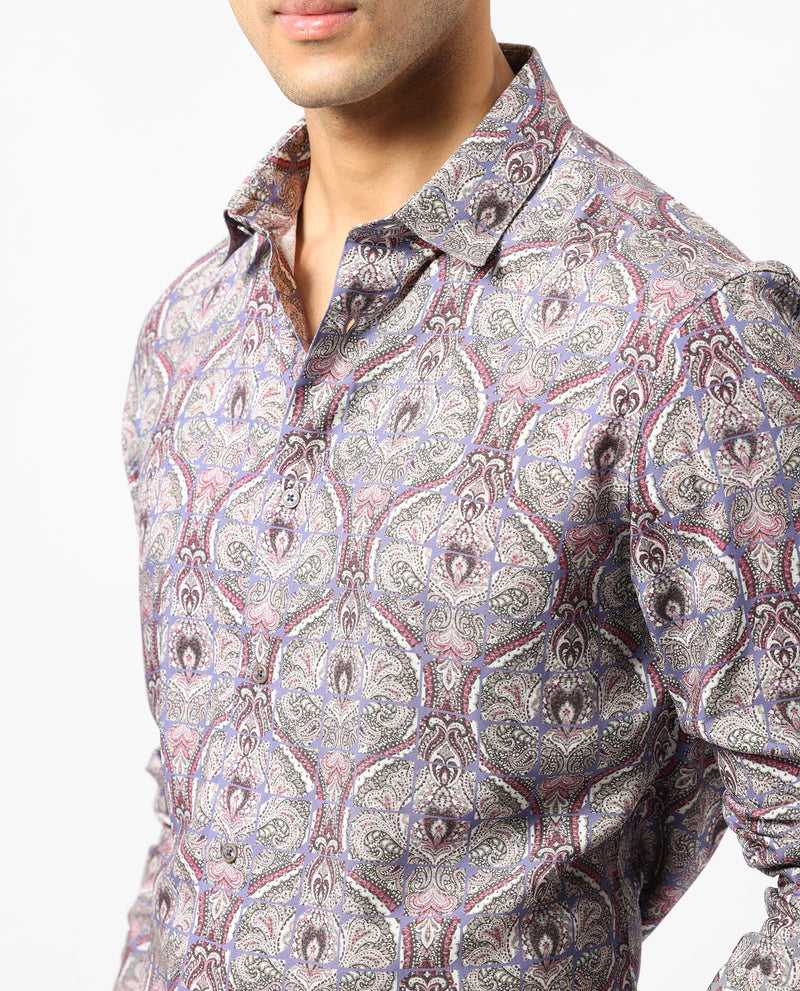 Rare Rabbit Men's Mosaic Purple Cotton Fabric Paisley Print Full Sleeves Shirt