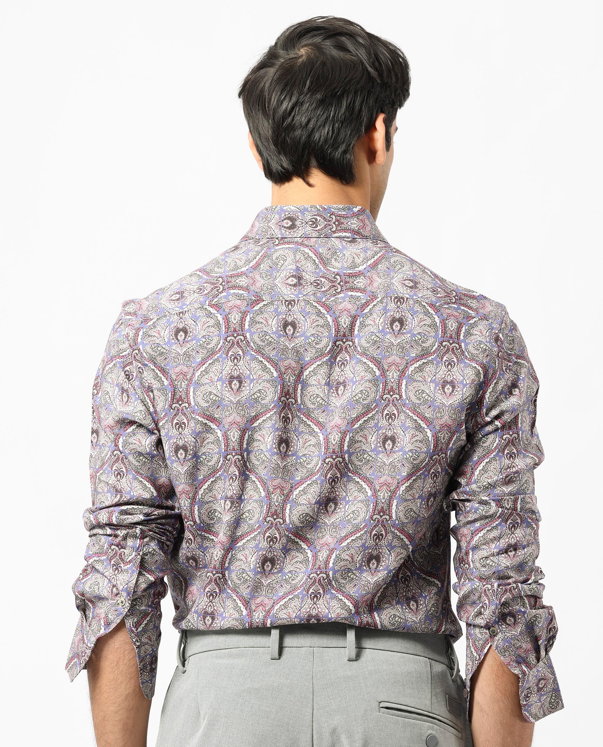 Rare Rabbit Men's Mosaic Purple Cotton Fabric Paisley Print Full Sleeves Shirt