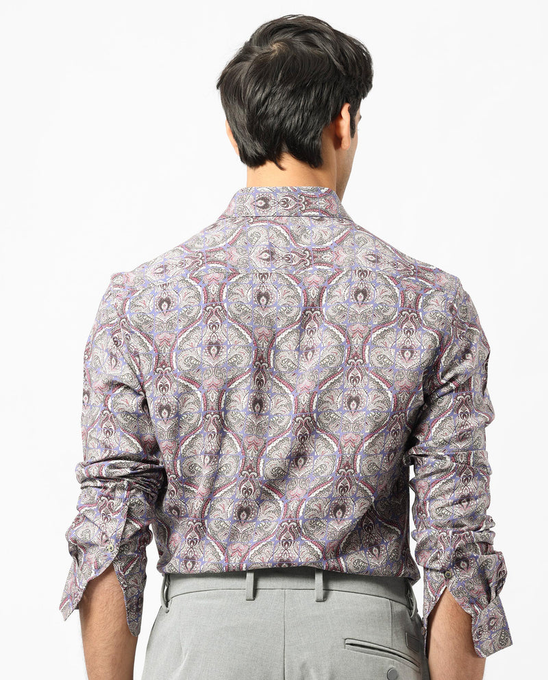 Rare Rabbit Men's Mosaic Purple Cotton Fabric Paisley Print Full Sleeves Shirt