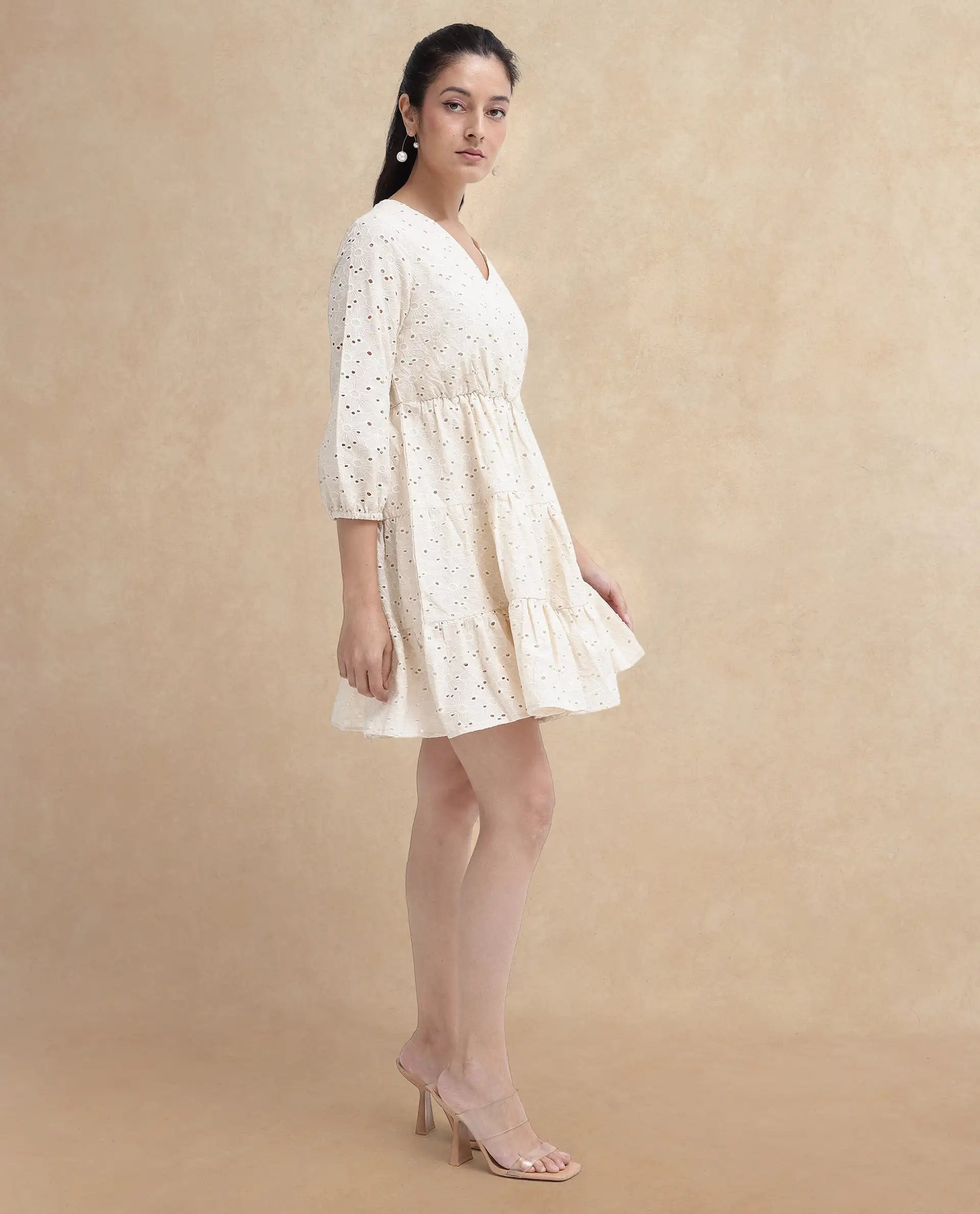 Rareism Women's Mosilo Off White  V-Neck Zipper Closure Balloon Sleeve Plain Fit And Flare Knee Length Dress