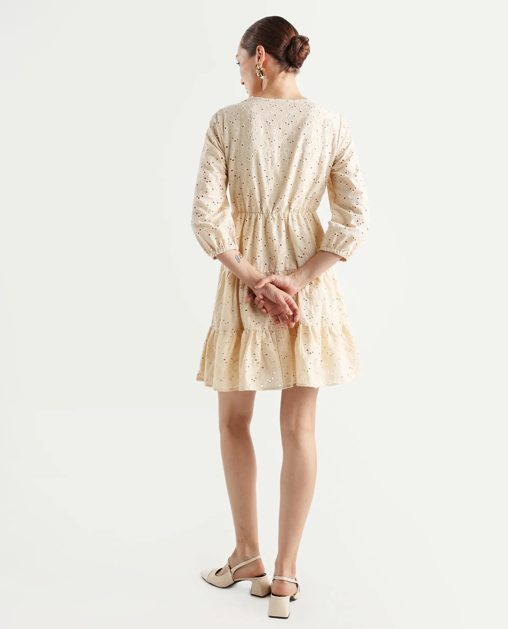 Rareism Women's Mosilo Off White Cotton V-Neck Plain Balloon Sleeve Knee Length Fit And Flare Dress