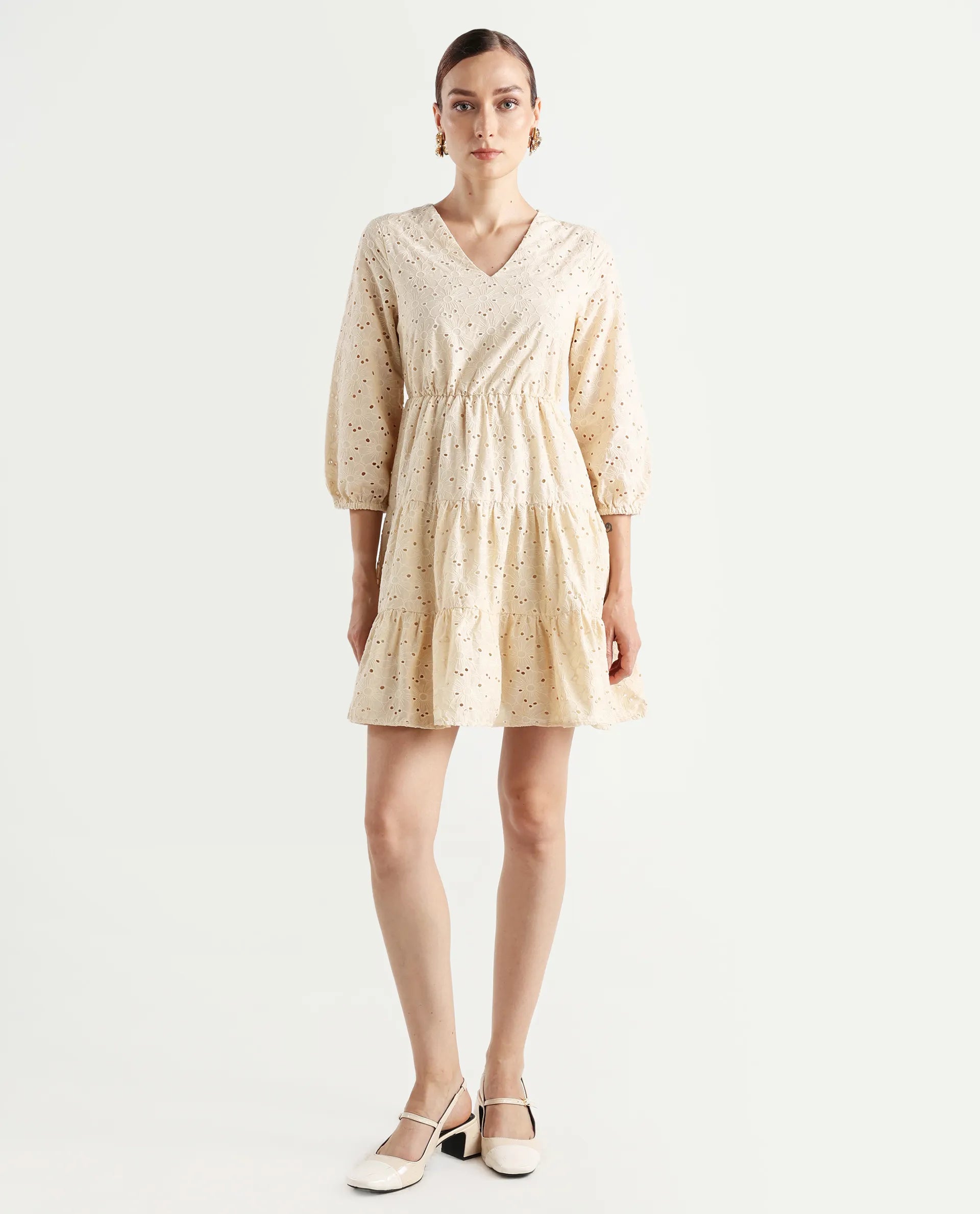 Rareism Women's Mosilo Off White Cotton V-Neck Plain Balloon Sleeve Knee Length Fit And Flare Dress