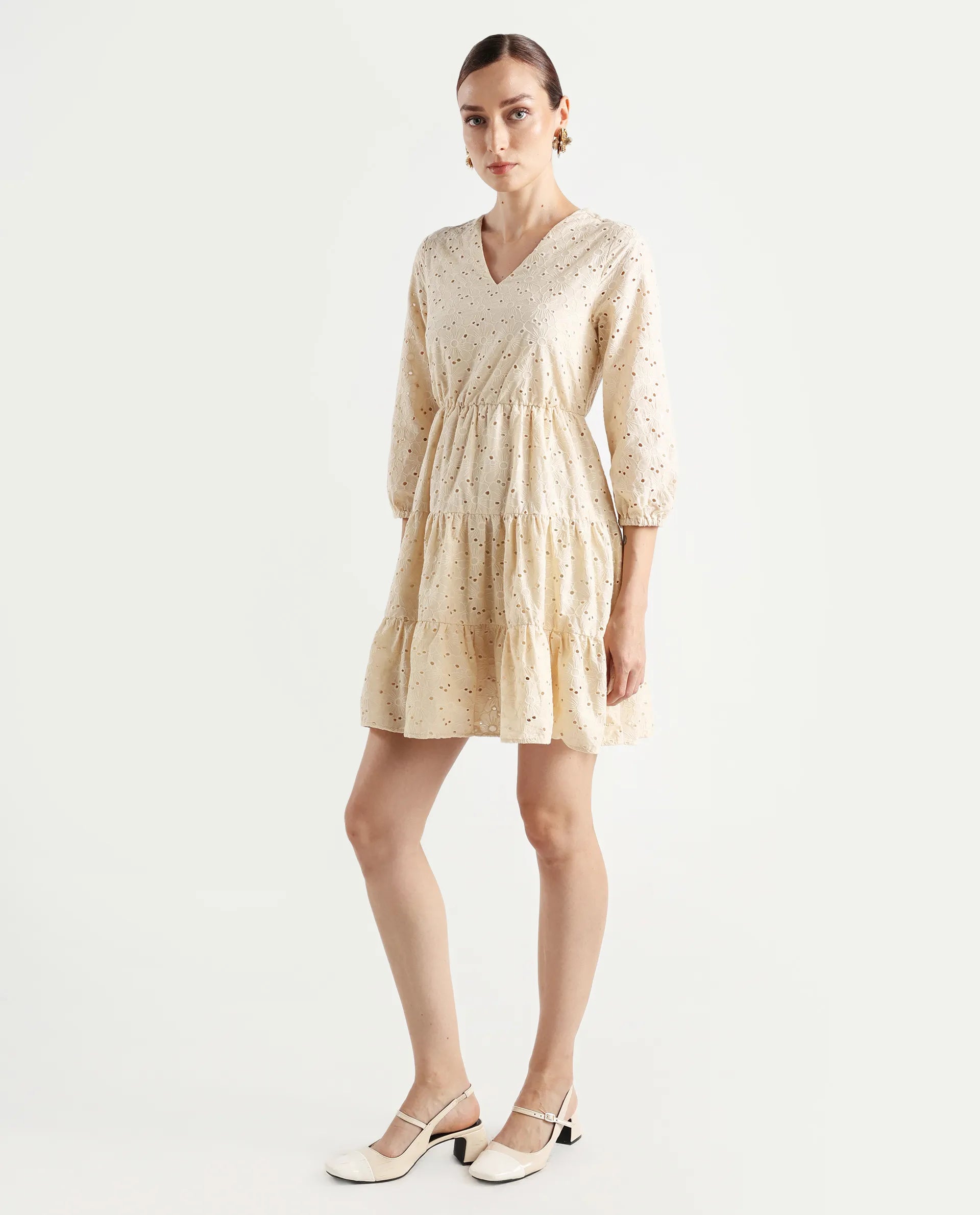 Rareism Women's Mosilo Off White Cotton V-Neck Plain Balloon Sleeve Knee Length Fit And Flare Dress