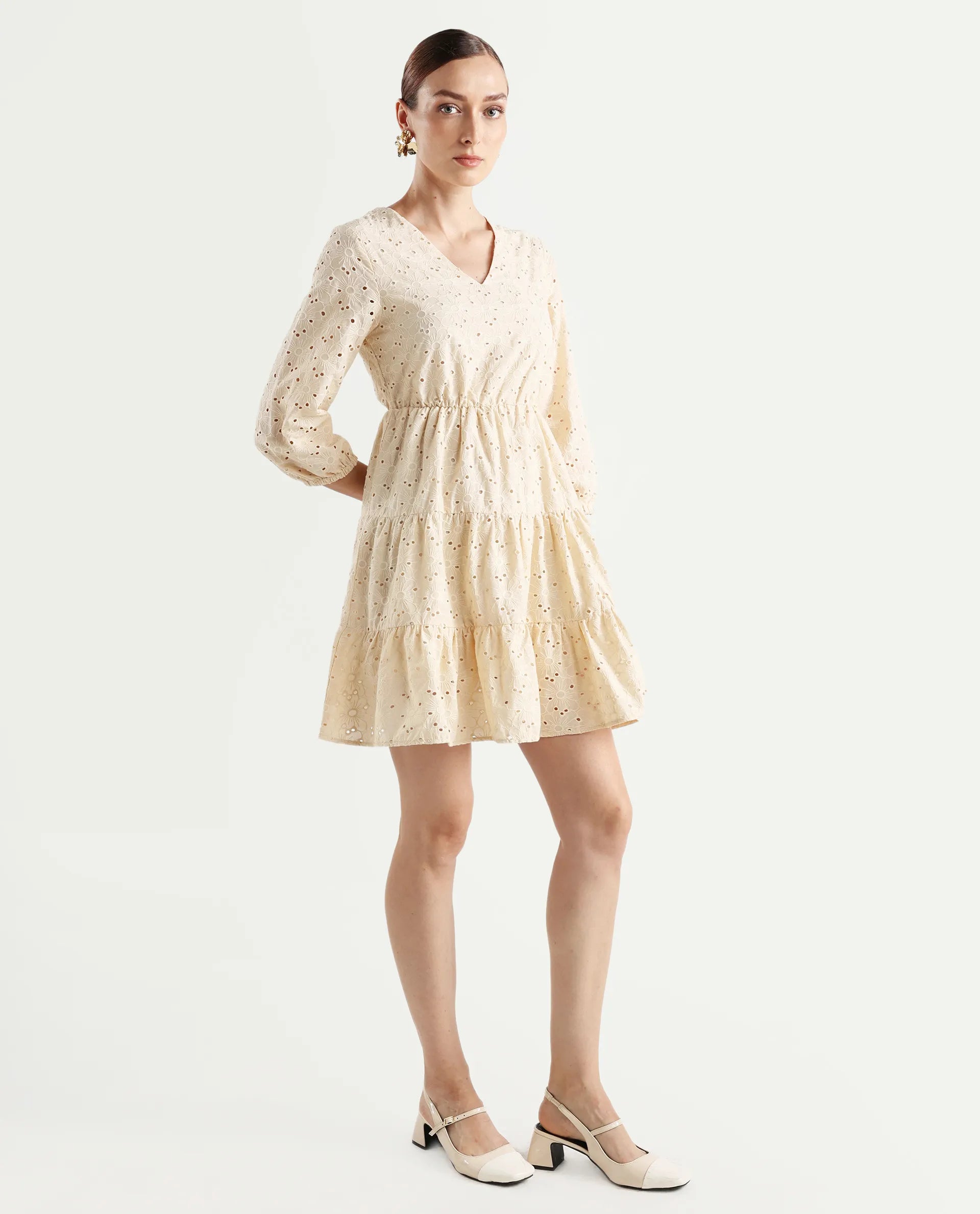 Rareism Women's Mosilo Off White Cotton V-Neck Plain Balloon Sleeve Knee Length Fit And Flare Dress