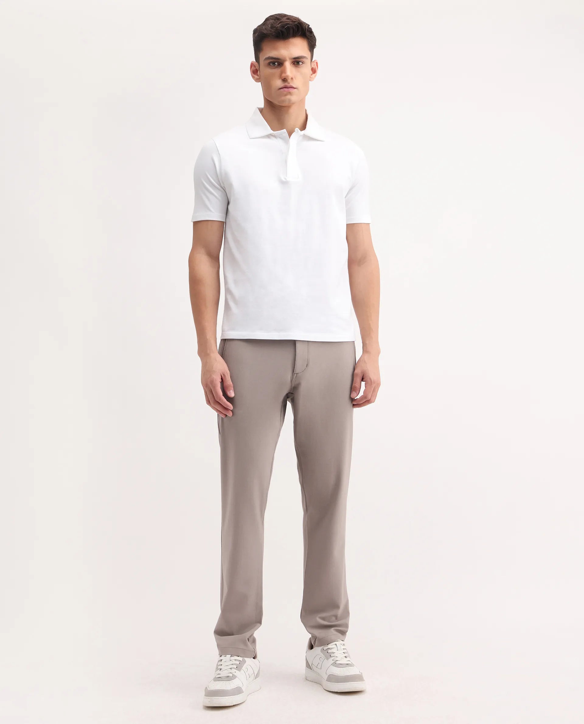 Rare Rabbit Men's Move-25 Beige Polyester Blend Plain Regular Fit Trouser