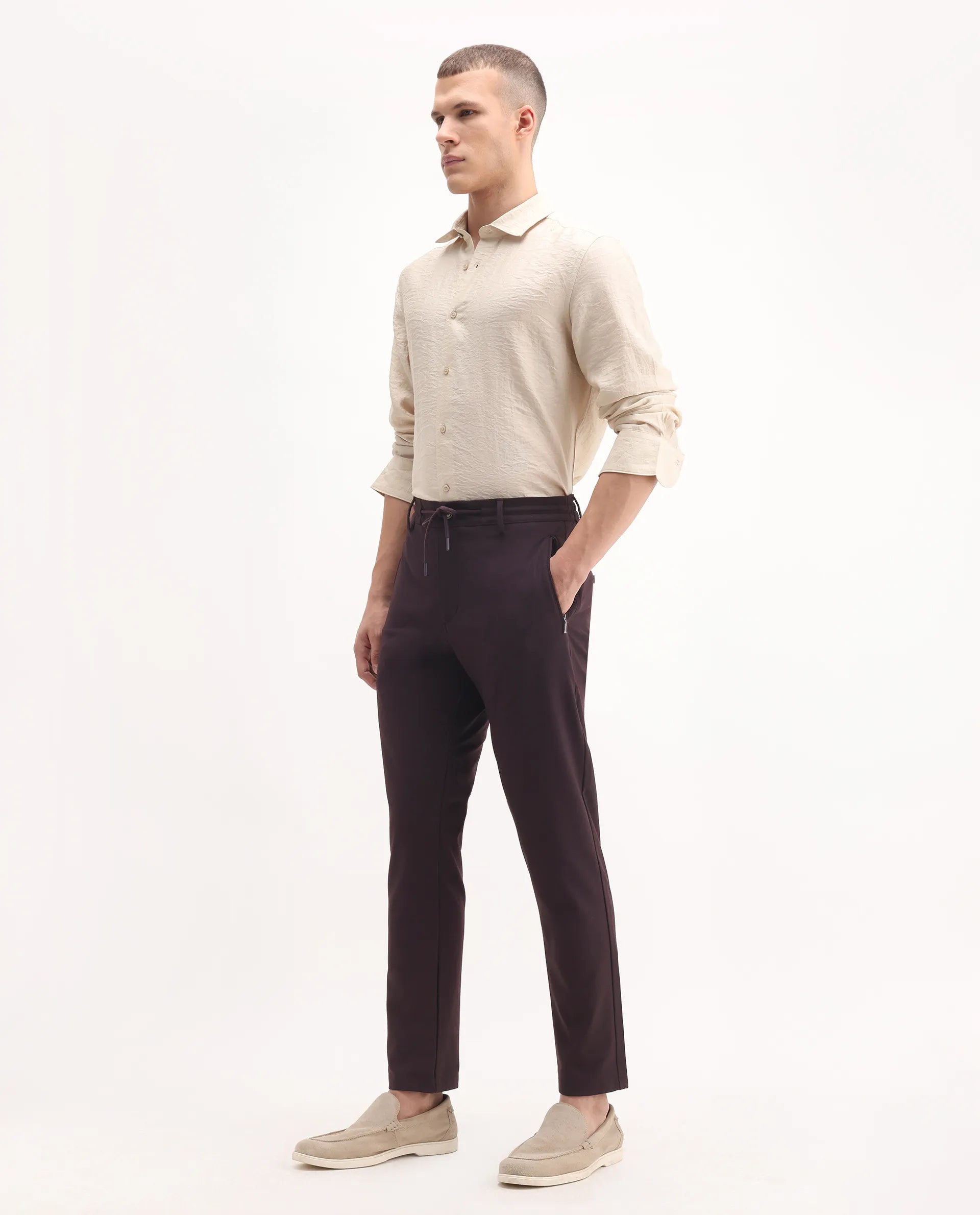 Rare Rabbit Men's Move-25 Maroon Polyester Blend Plain Regular Fit Trouser