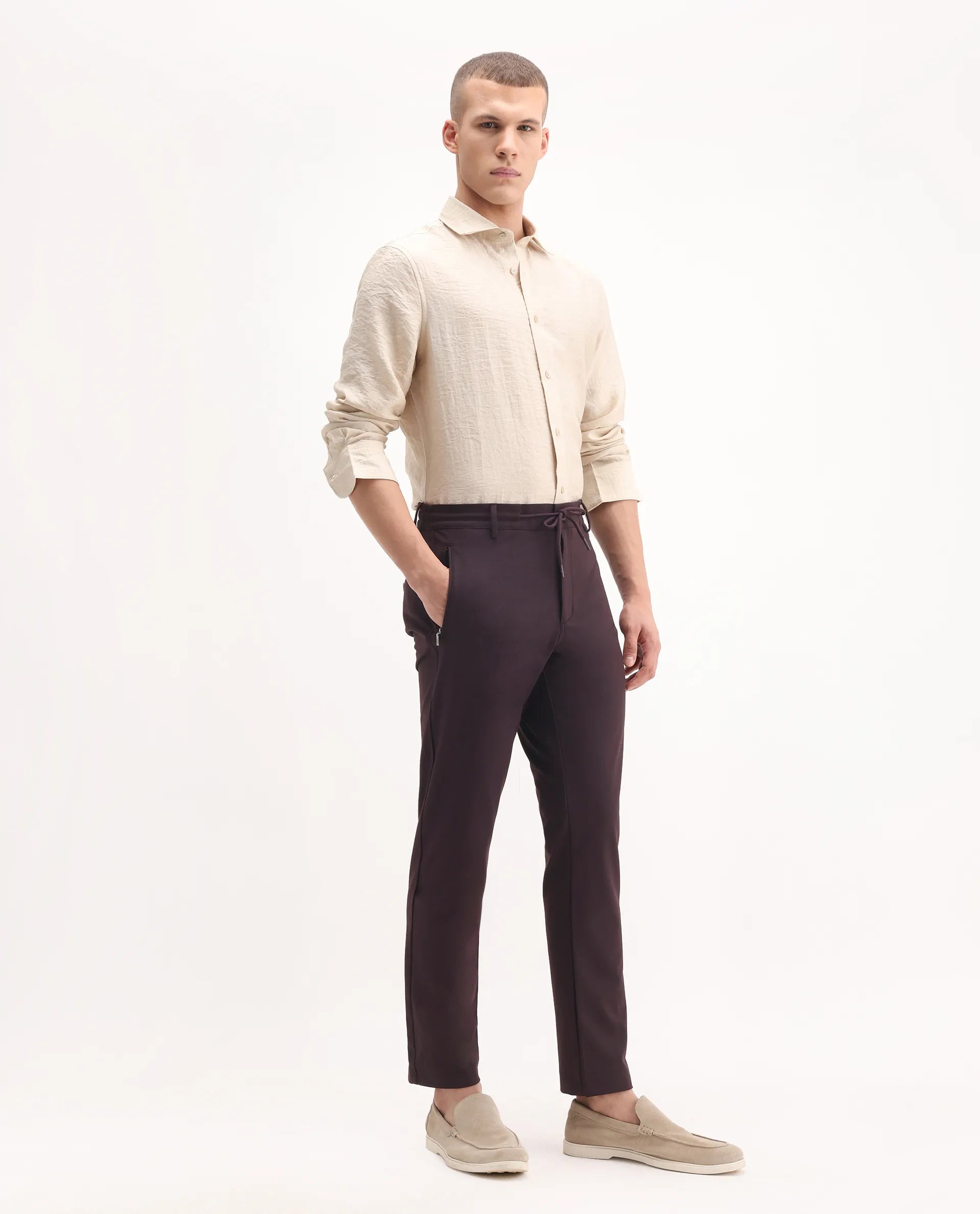 Rare Rabbit Men's Move-25 Maroon Polyester Blend Plain Regular Fit Trouser