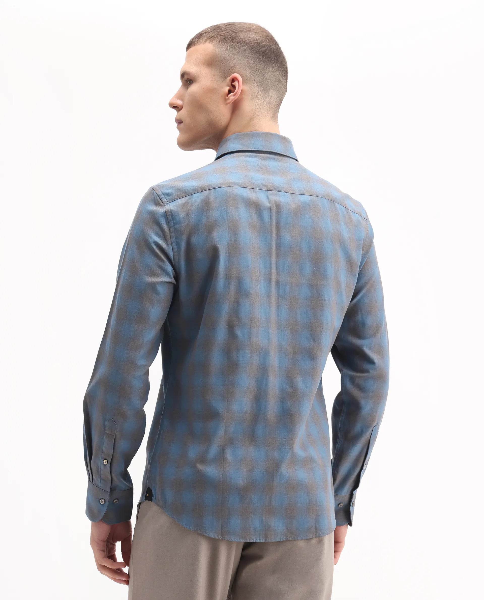 Rare Rabbit Men's Movo Dusky Blue Cotton Blend Checked Print Regular Fit Full Sleeve Collared Shirt