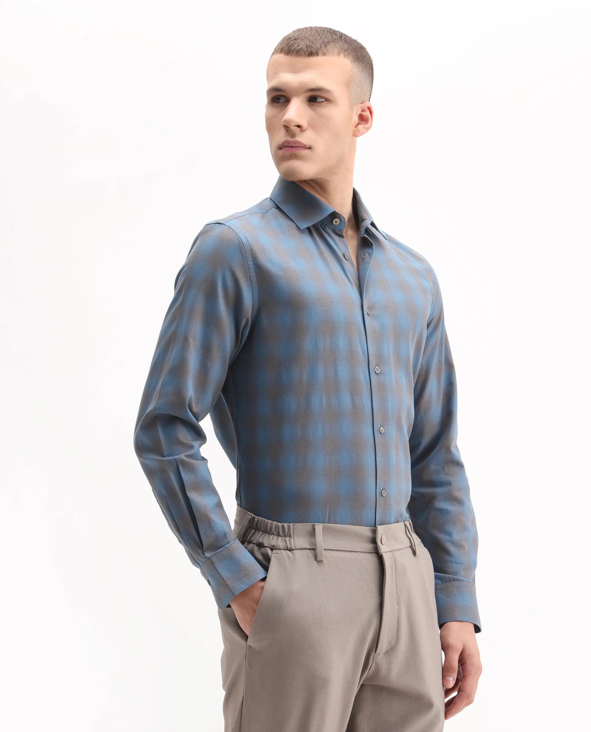 Rare Rabbit Men's Movo Dusky Blue Cotton Blend Checked Print Regular Fit Full Sleeve Collared Shirt