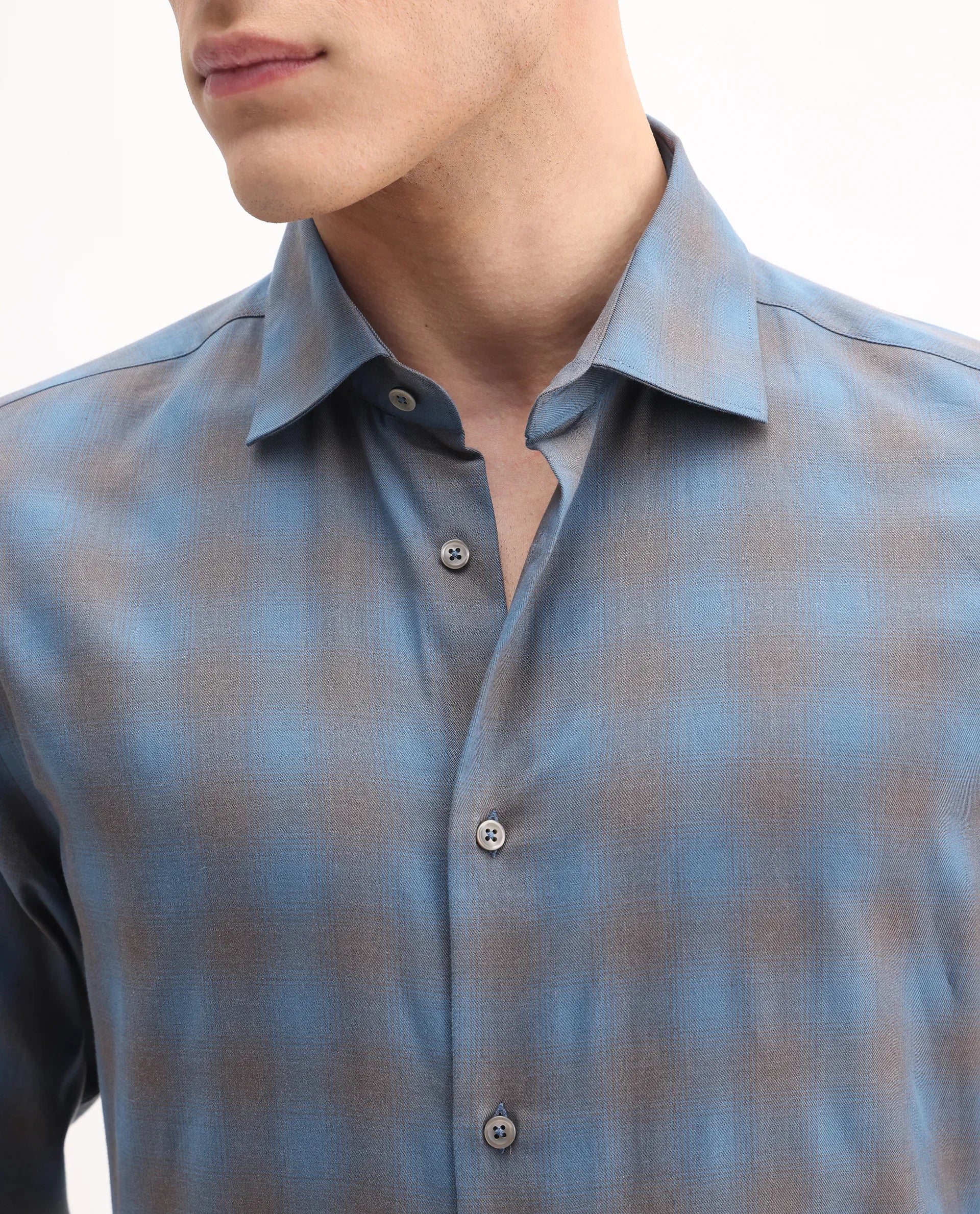 Rare Rabbit Men's Movo Dusky Blue Cotton Blend Checked Print Regular Fit Full Sleeve Collared Shirt