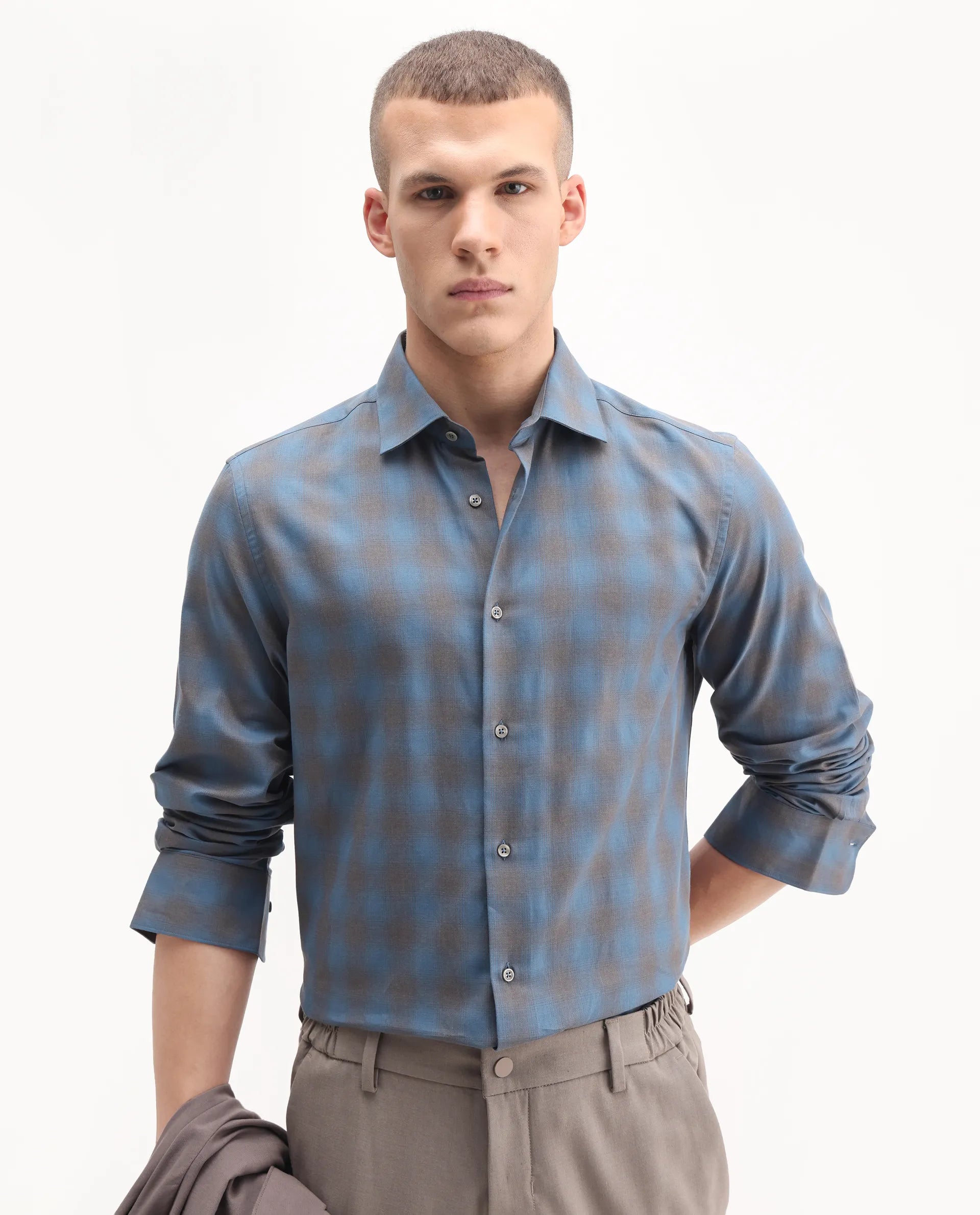 Rare Rabbit Men's Movo Dusky Blue Cotton Blend Checked Print Regular Fit Full Sleeve Collared Shirt