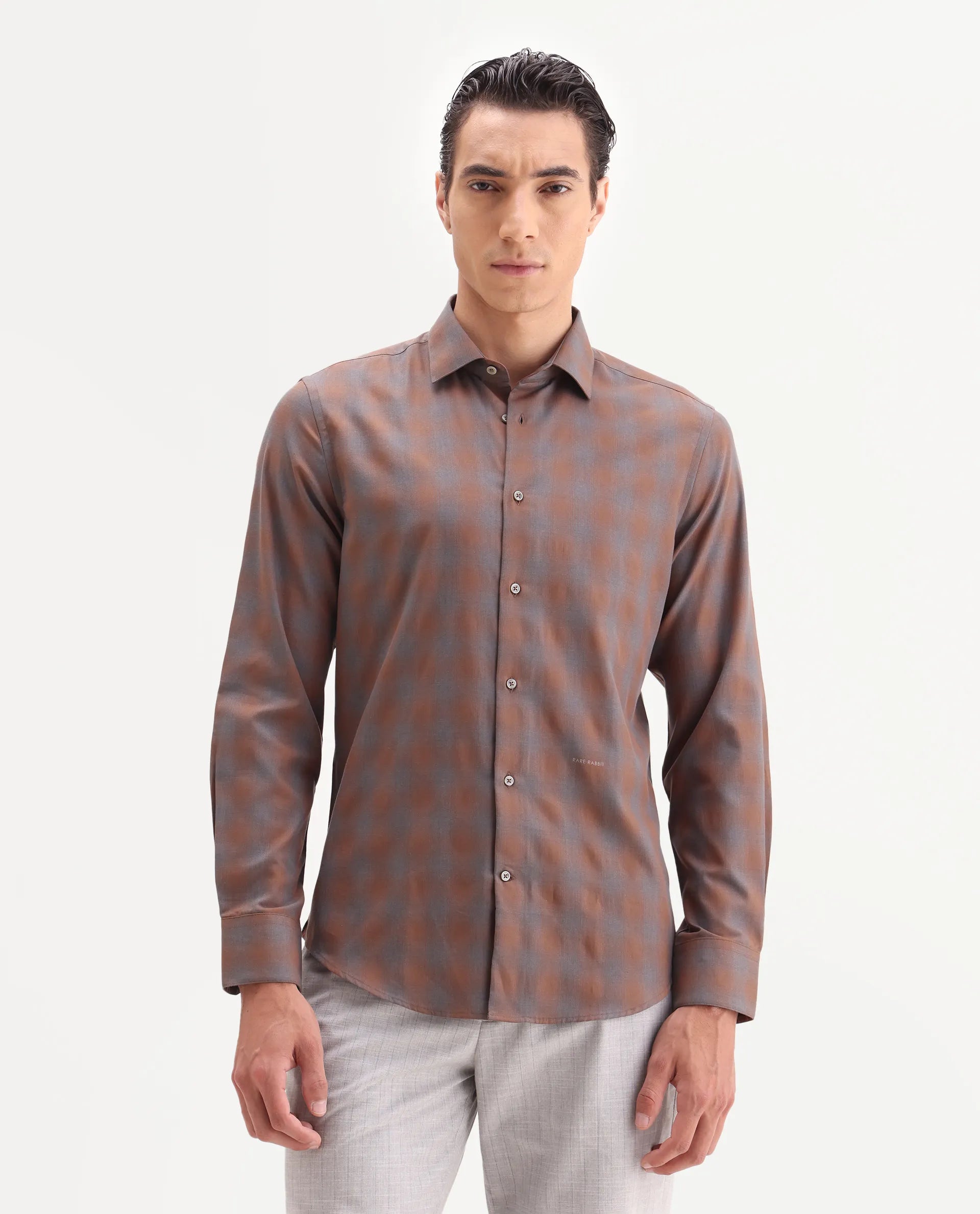 Rare Rabbit Men's Movo Dusky Rust Cotton Blend Checked Print Regular Fit Full Sleeve Collared Shirt