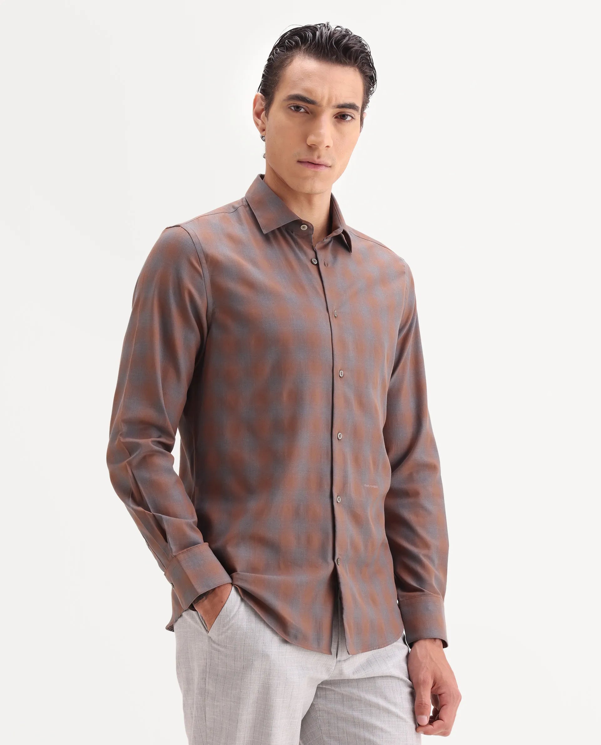 Rare Rabbit Men's Movo Dusky Rust Cotton Blend Checked Print Regular Fit Full Sleeve Collared Shirt