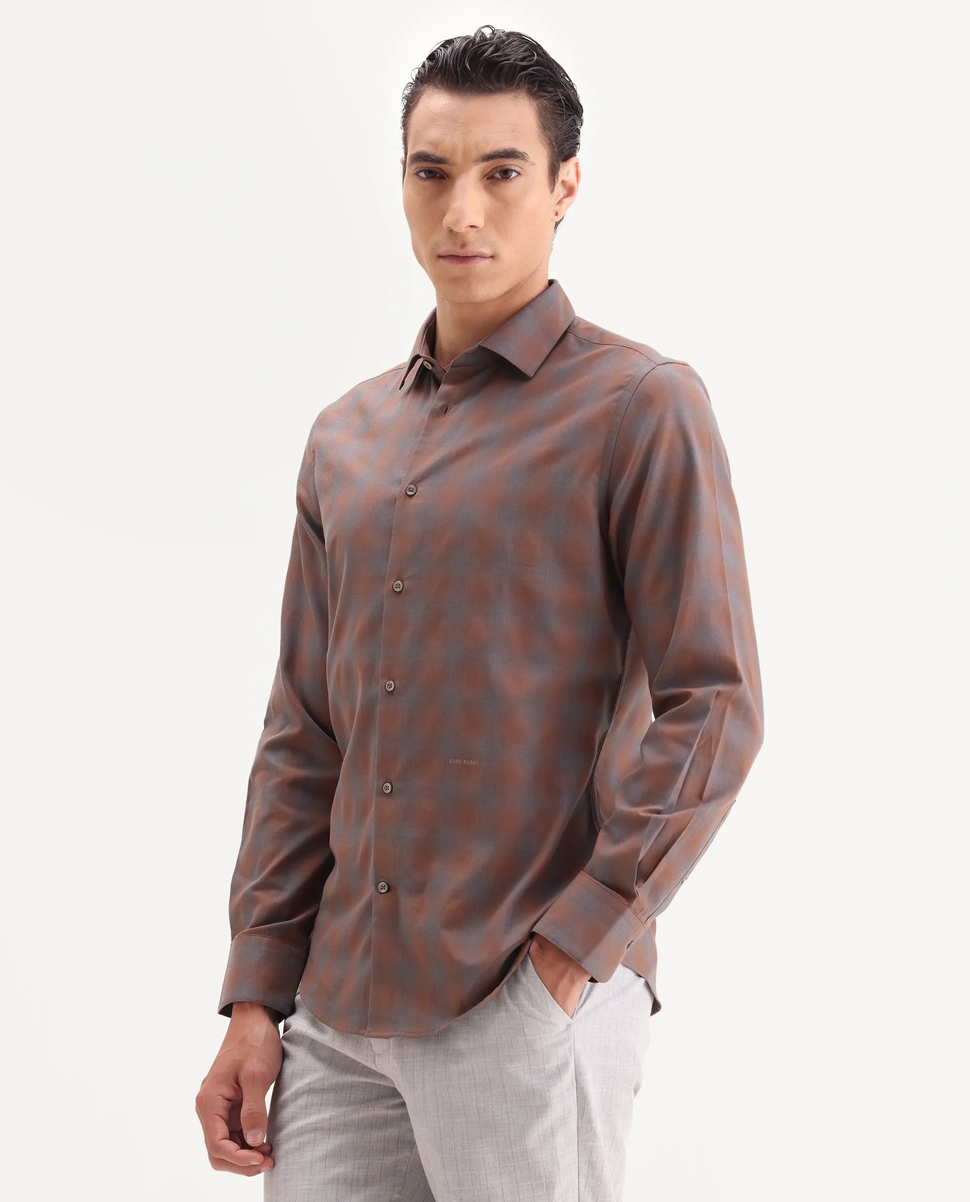 Rare Rabbit Men's Movo Dusky Rust Cotton Blend Checked Print Regular Fit Full Sleeve Collared Shirt