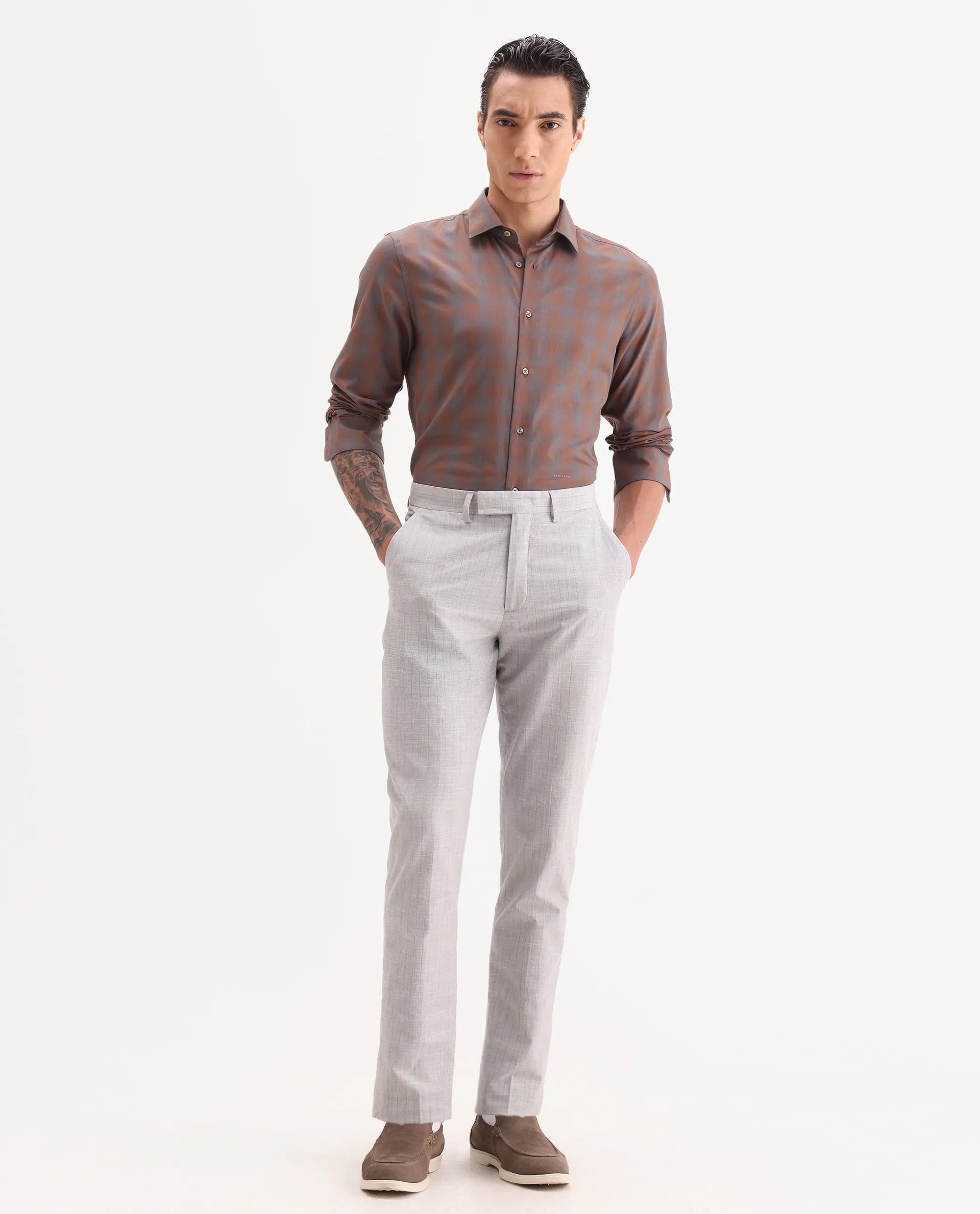 Rare Rabbit Men's Movo Dusky Rust Cotton Blend Checked Print Regular Fit Full Sleeve Collared Shirt