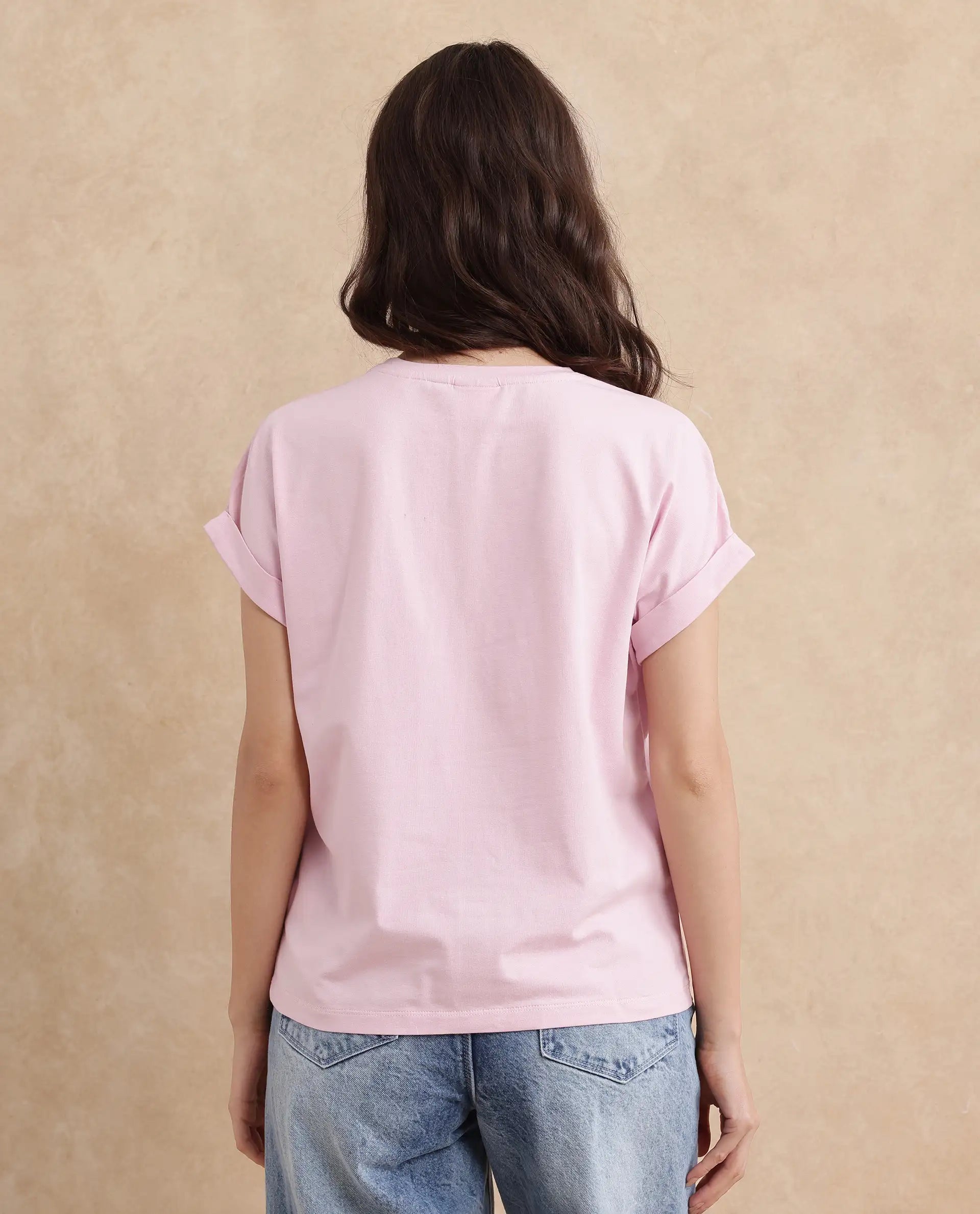 Rareism Women Moxie Light Pink Cotton Blend Fabric Extended Sleeves Crew Neck Relaxed Fit Graphic Print T-Shirt