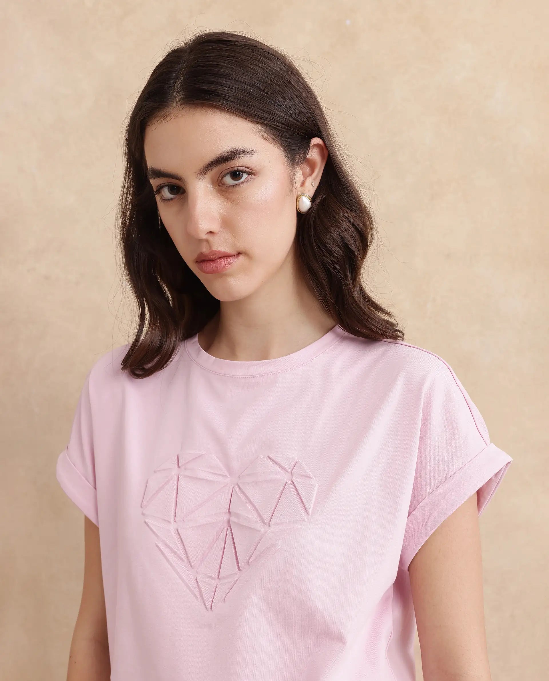 Rareism Women Moxie Light Pink Cotton Blend Fabric Extended Sleeves Crew Neck Relaxed Fit Graphic Print T-Shirt