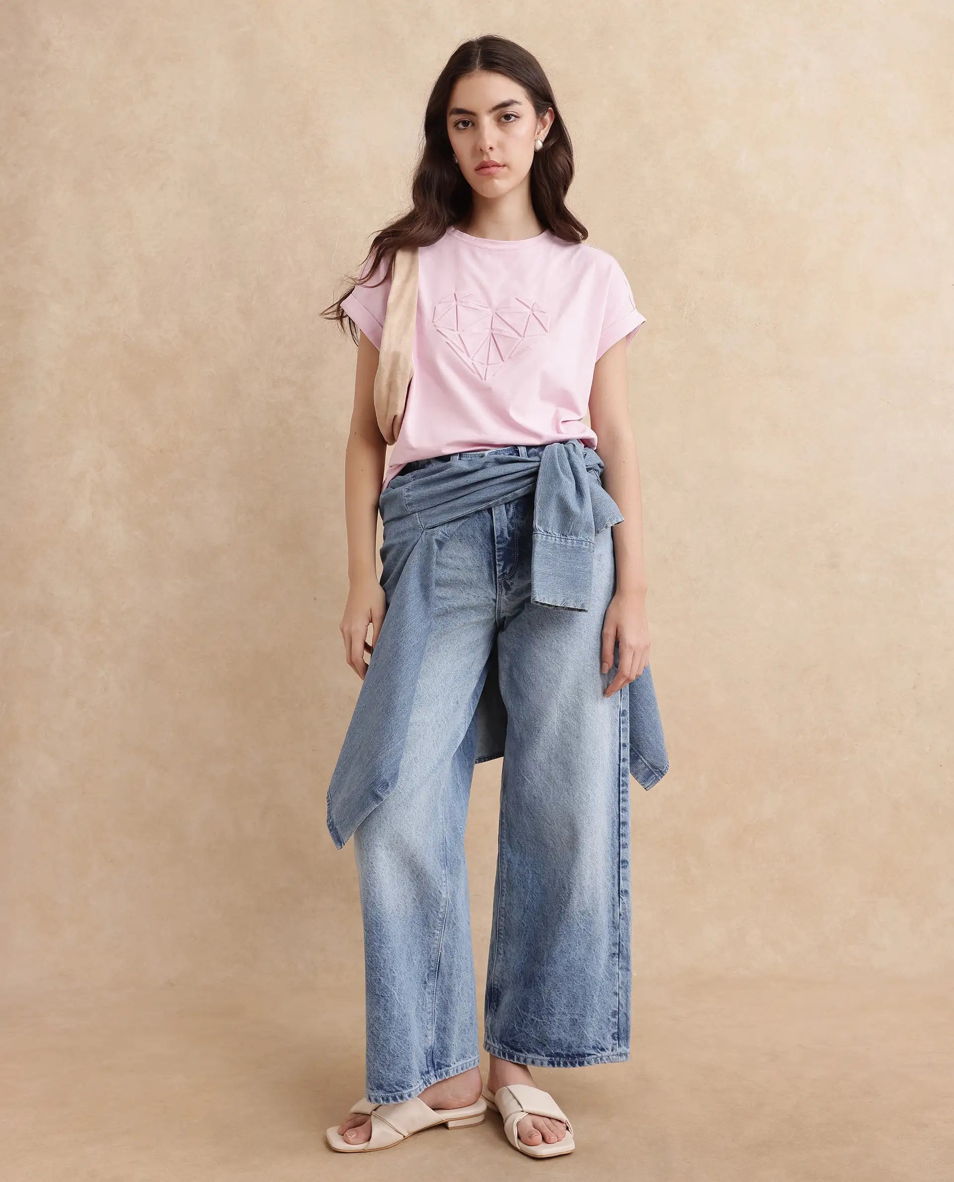 Rareism Women Moxie Light Pink Cotton Blend Fabric Extended Sleeves Crew Neck Relaxed Fit Graphic Print T-Shirt