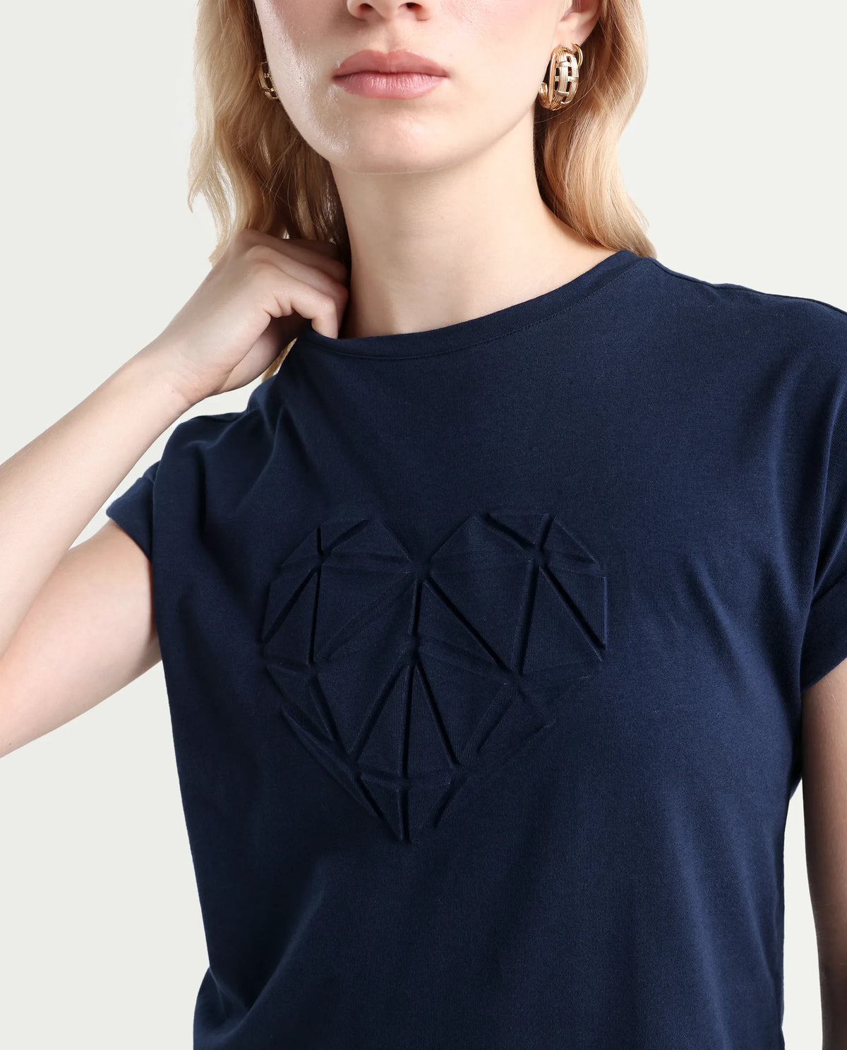 Rareism Women's Moxie Navy Cotton Blend Crew Neck Graphic Print Extended Sleeves Relaxed Fit T-Shirt