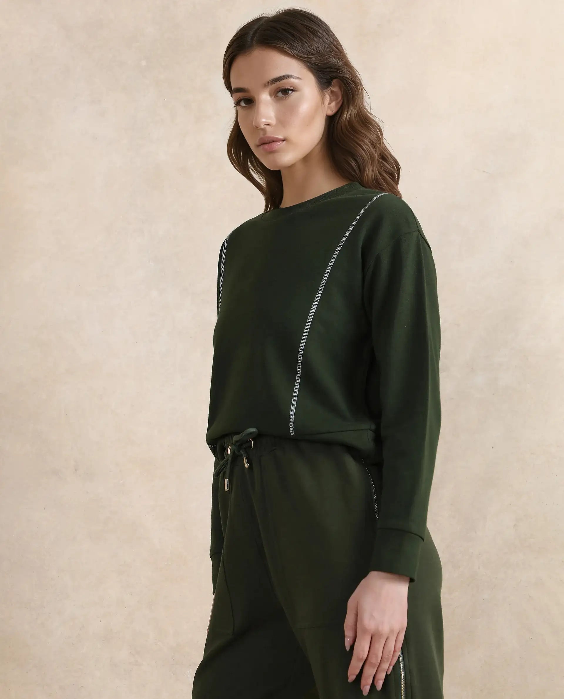 Rareism Women Moye Olive Cotton Blend Fabric Full Sleeve Crew Neck Relaxed Fit Plain Sweatshirt