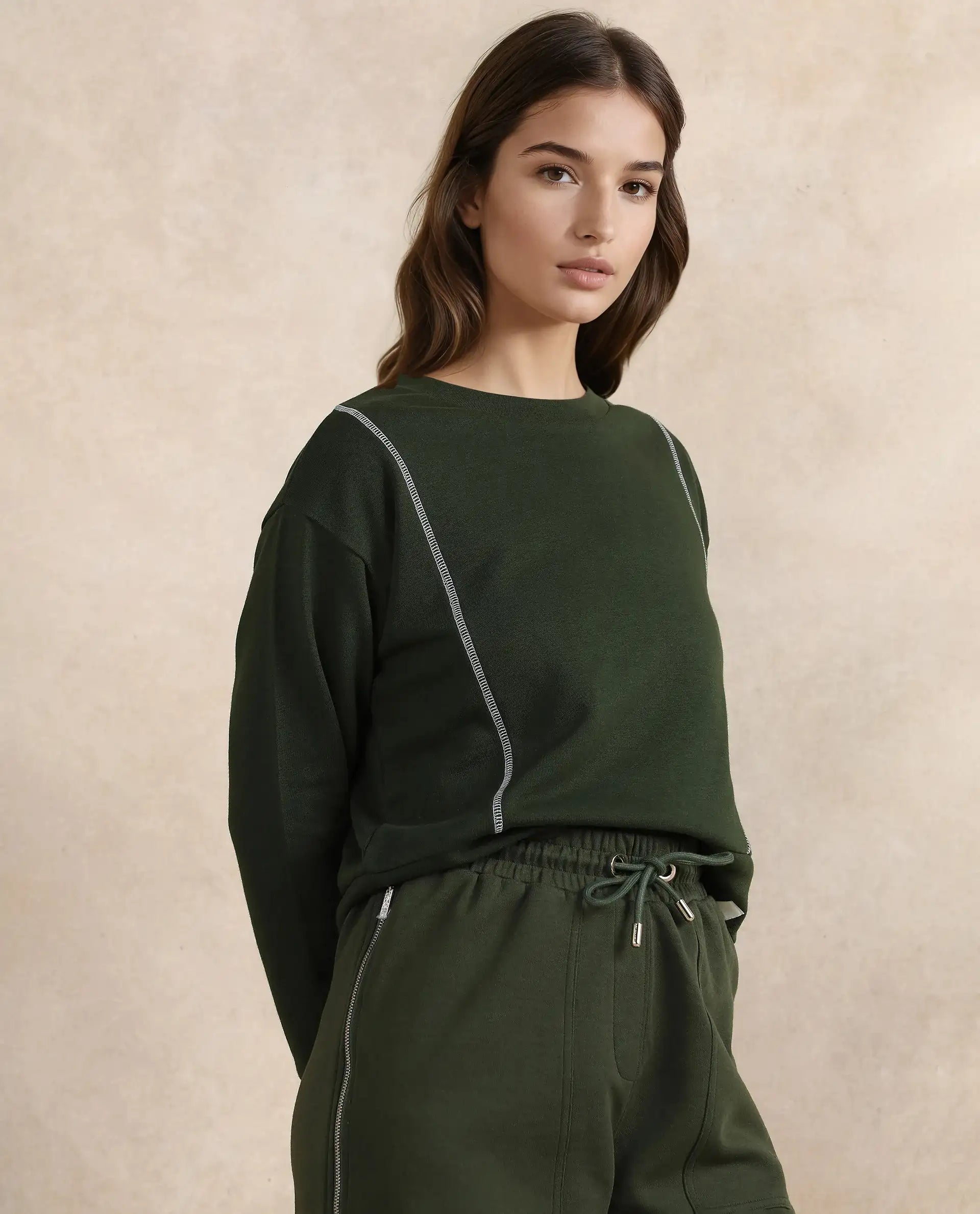 Rareism Women Moye Olive Cotton Blend Fabric Full Sleeve Crew Neck Relaxed Fit Plain Sweatshirt