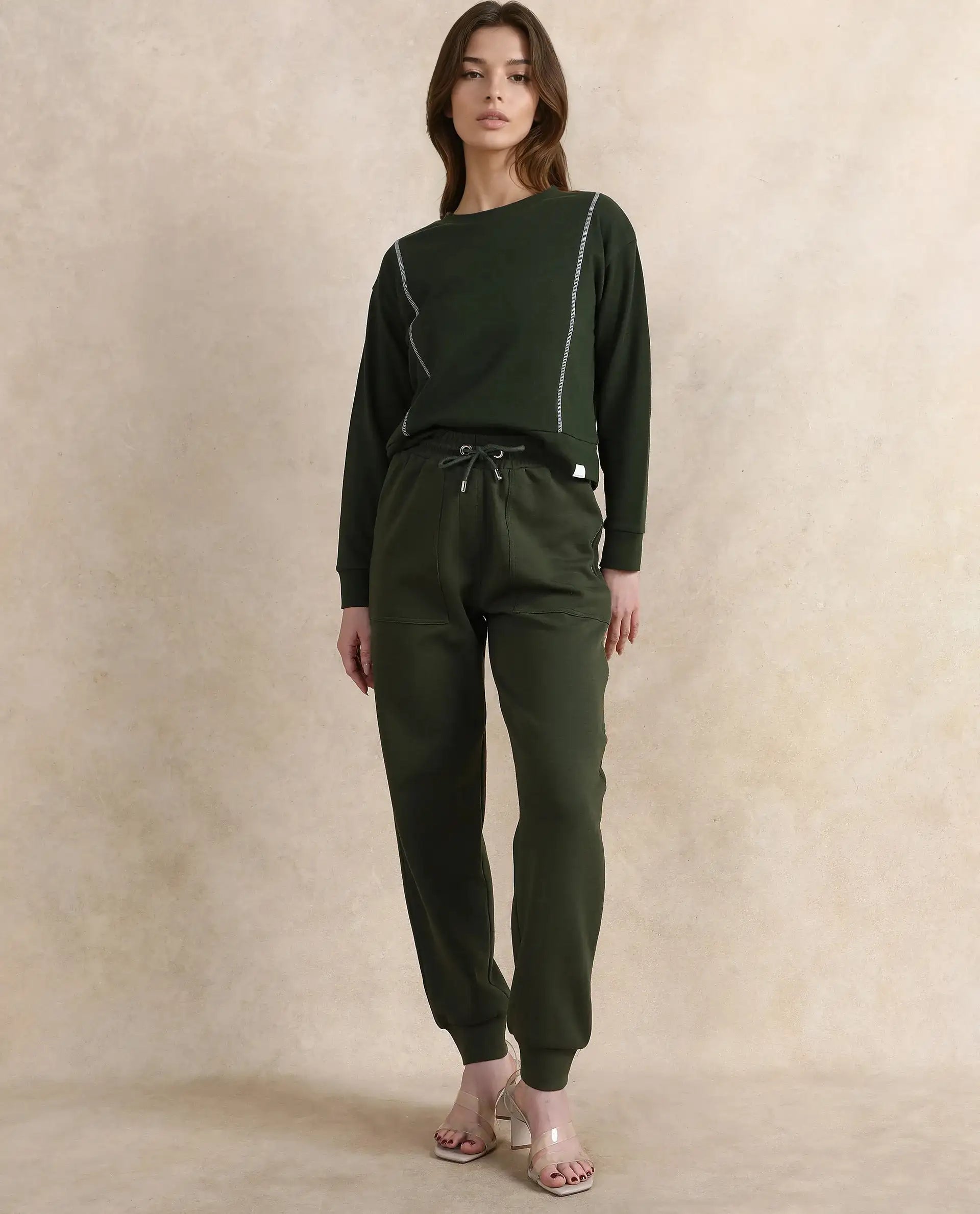 Rareism Women Moye Olive Cotton Blend Fabric Full Sleeve Crew Neck Relaxed Fit Plain Sweatshirt