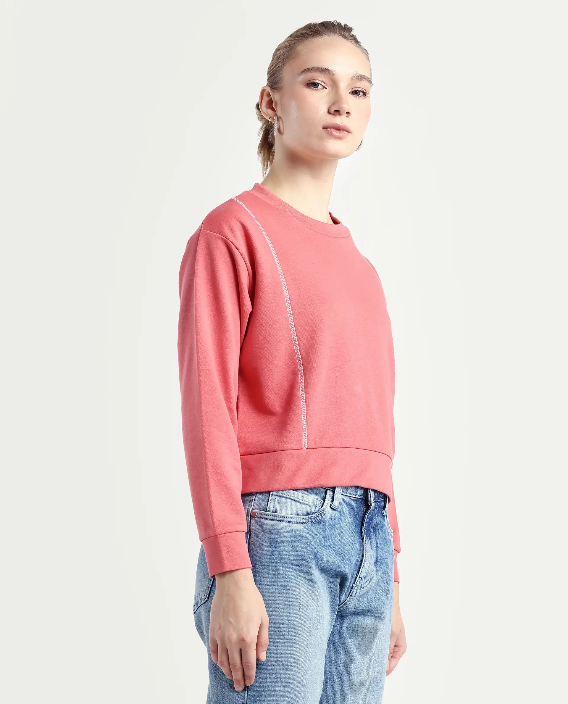 Rareism Women's Moye Pastel Red Cotton Blend Crew Neck Plain Relaxed Fit Sweatshirt