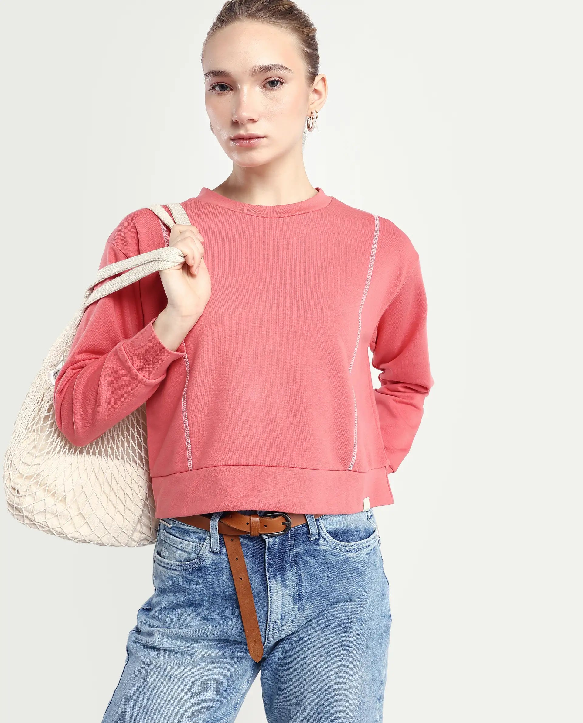 Rareism Women's Moye Pastel Red Cotton Blend Crew Neck Plain Relaxed Fit Sweatshirt