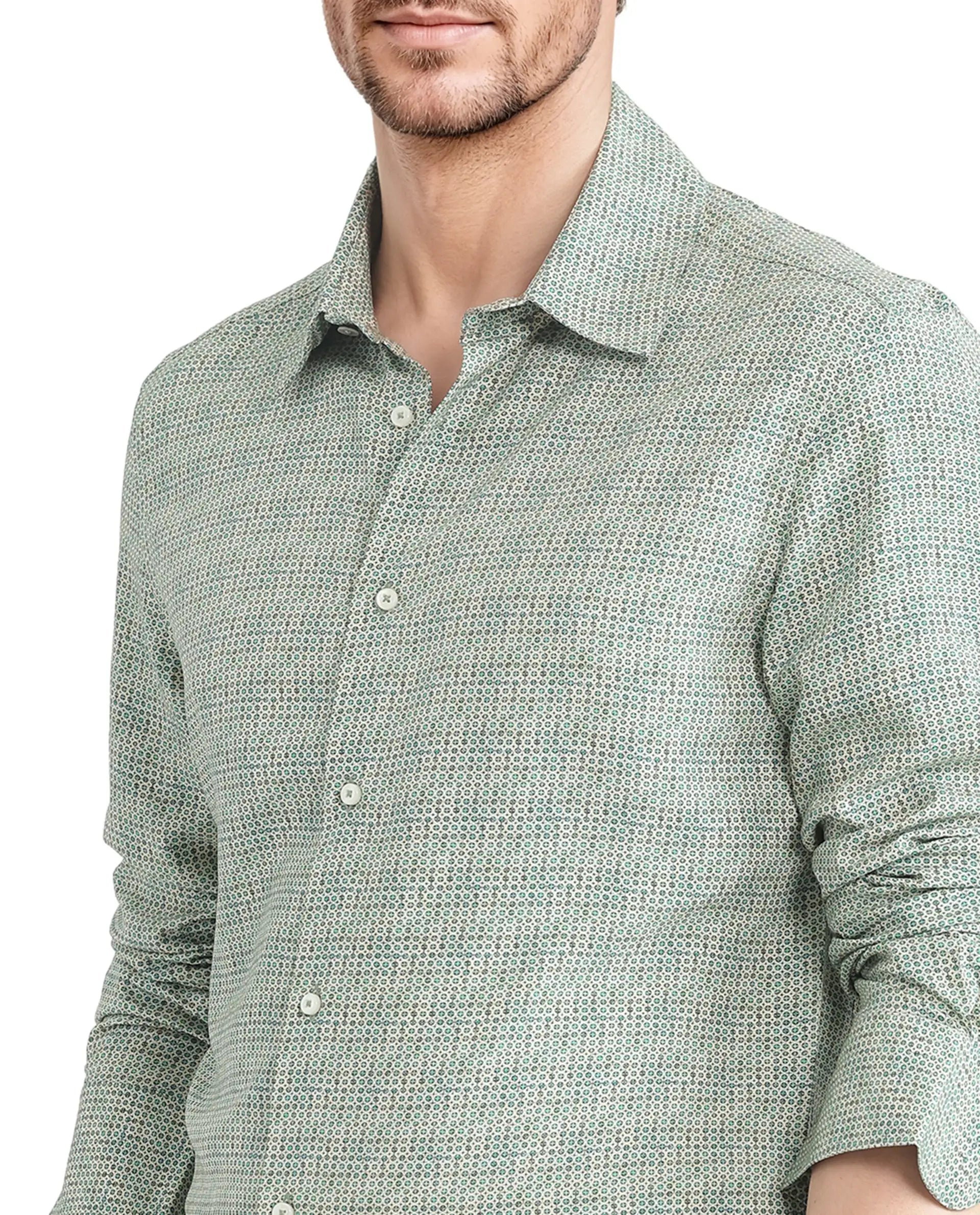Rare Rabbit Men Msey Green Viscose Fabric Full Sleeves Collared Neck Button Closure Relaxed Fit Geometric Print Shirt