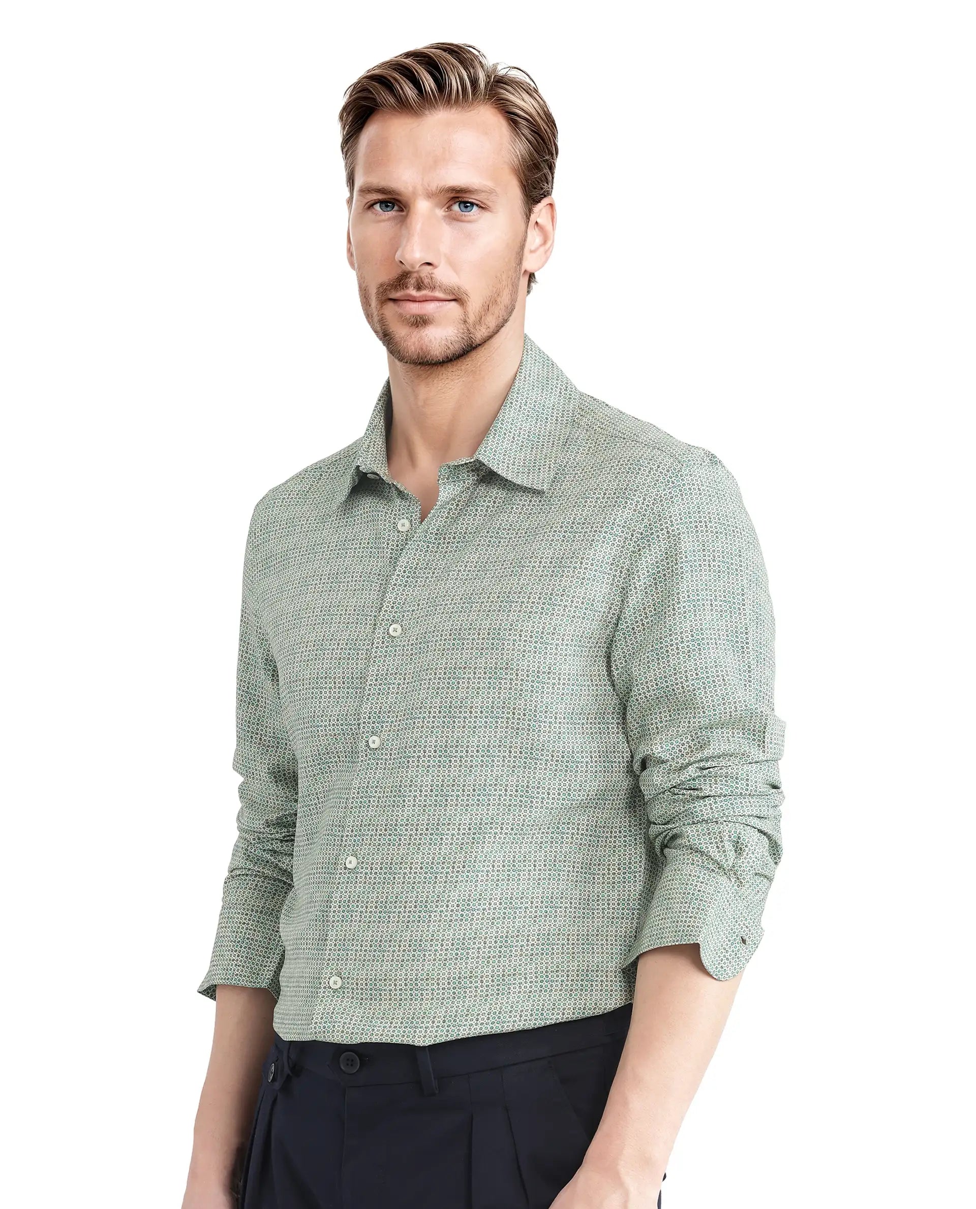 Rare Rabbit Men Msey Green Viscose Fabric Full Sleeves Collared Neck Button Closure Relaxed Fit Geometric Print Shirt