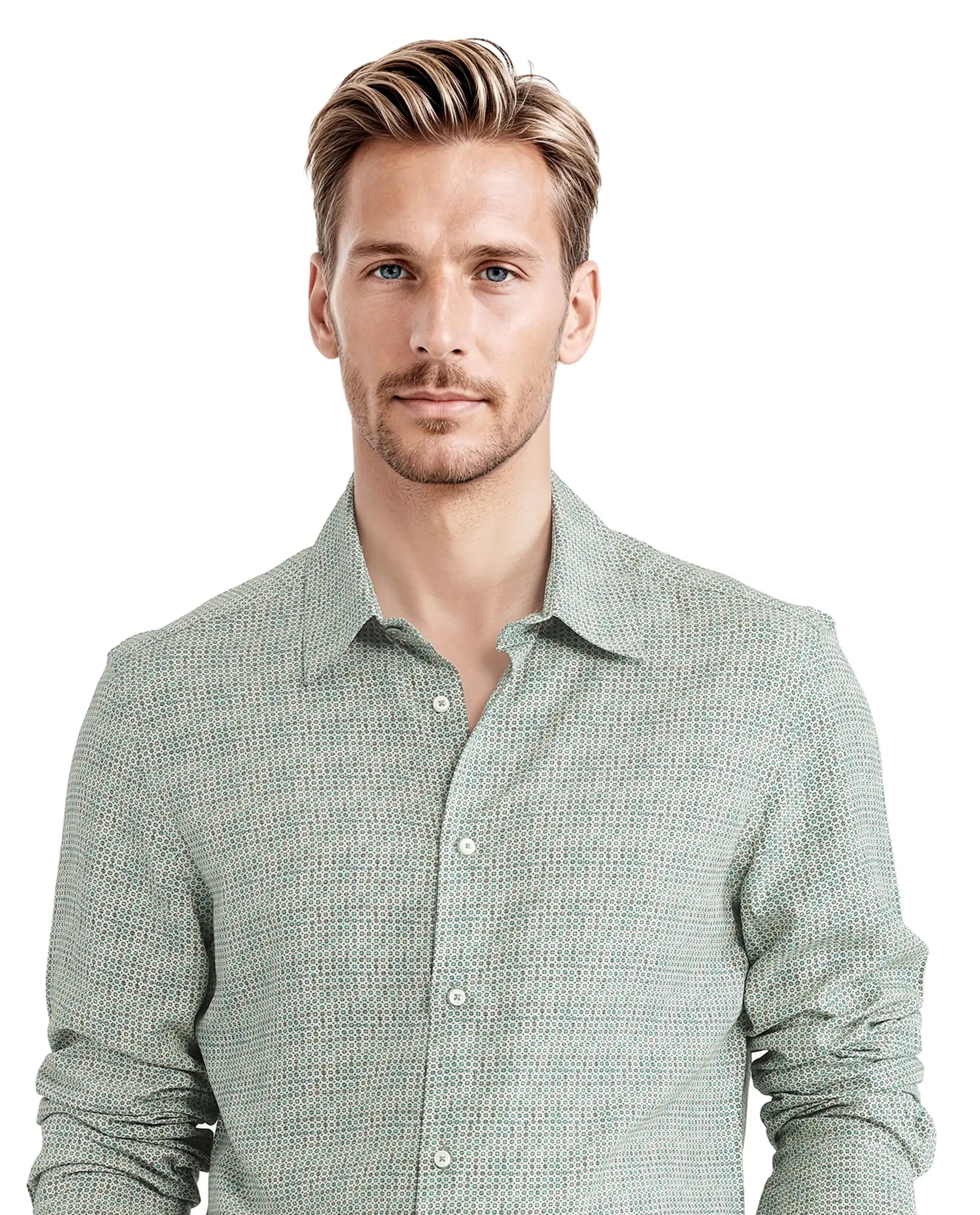 Rare Rabbit Men Msey Green Viscose Fabric Full Sleeves Collared Neck Button Closure Relaxed Fit Geometric Print Shirt