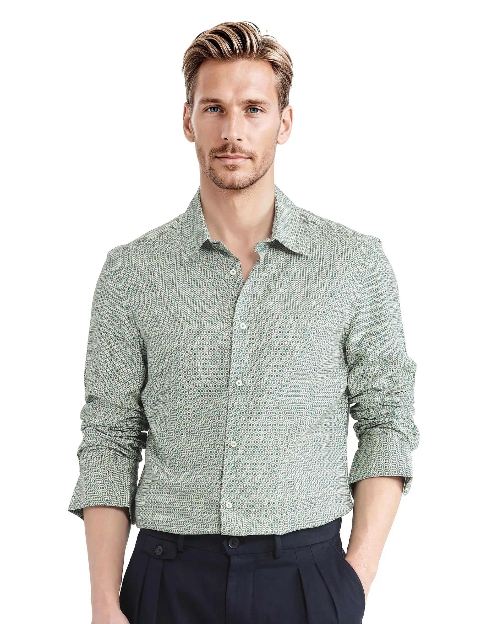 Rare Rabbit Men Msey Green Viscose Fabric Full Sleeves Collared Neck Button Closure Relaxed Fit Geometric Print Shirt