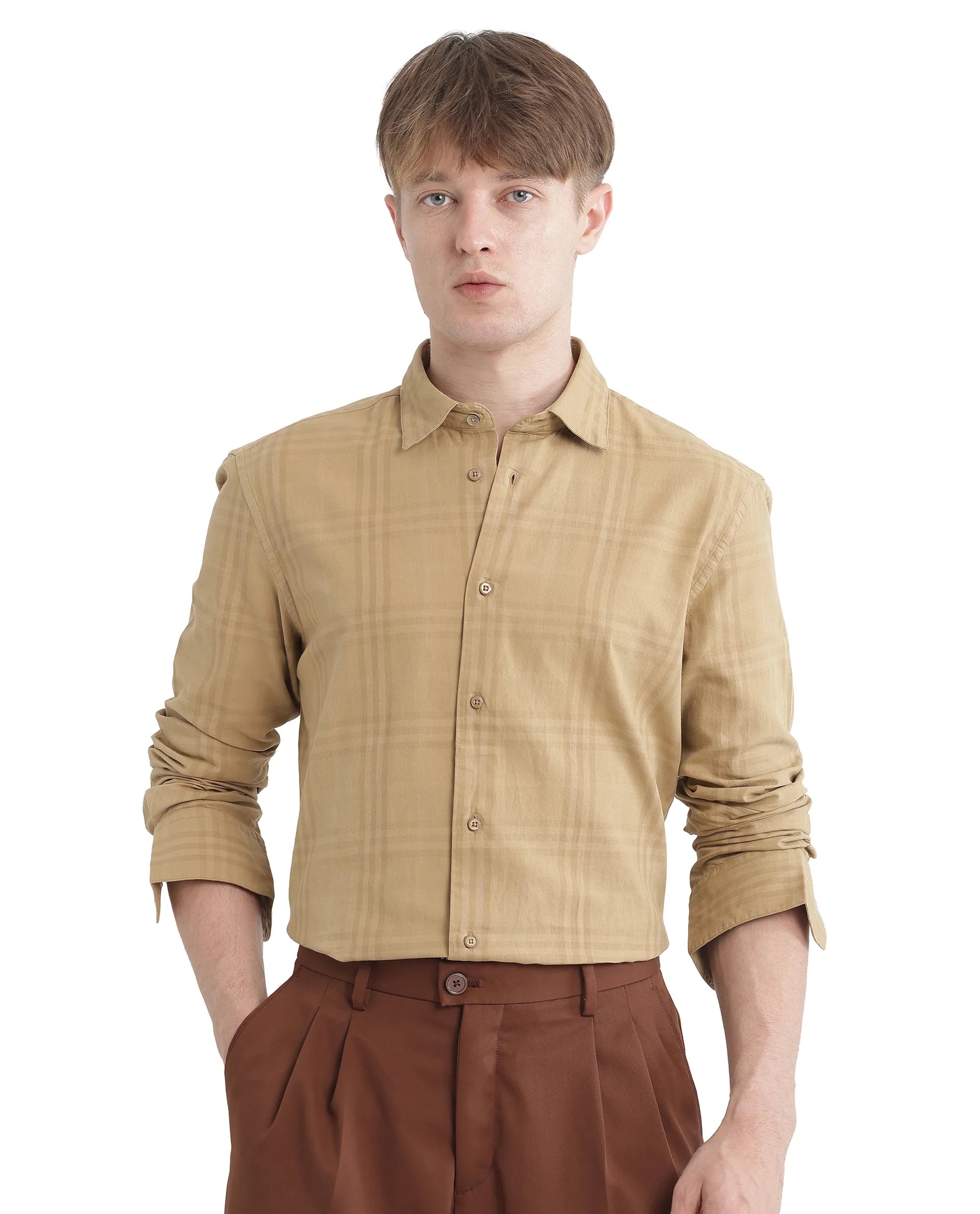 Rare Rabbit Men Mucia Beige Cotton Fabric Regular Collar Full Sleeve Regular Fit Plaid Check Shirt