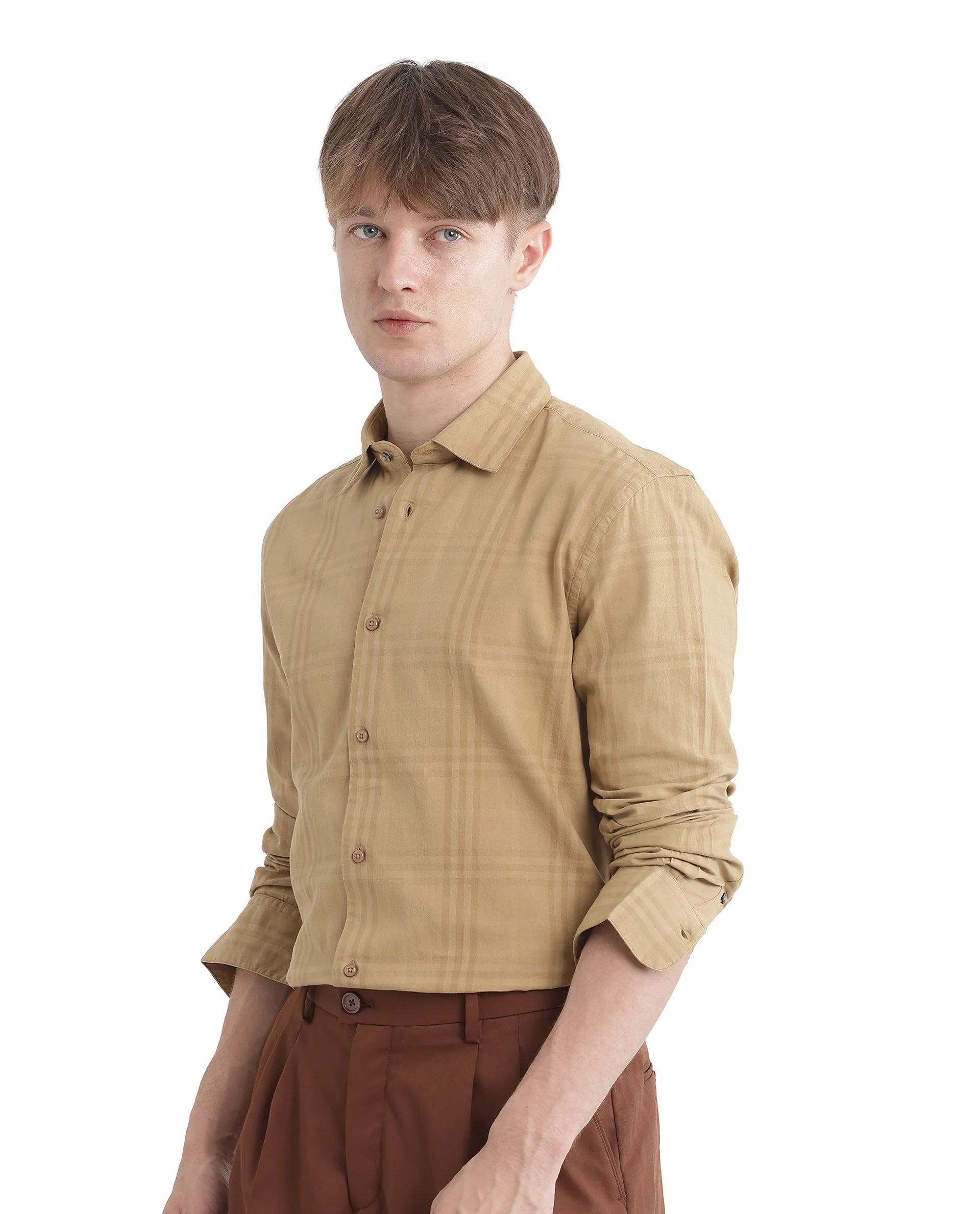 Rare Rabbit Men Mucia Beige Cotton Fabric Regular Collar Full Sleeve Regular Fit Plaid Check Shirt