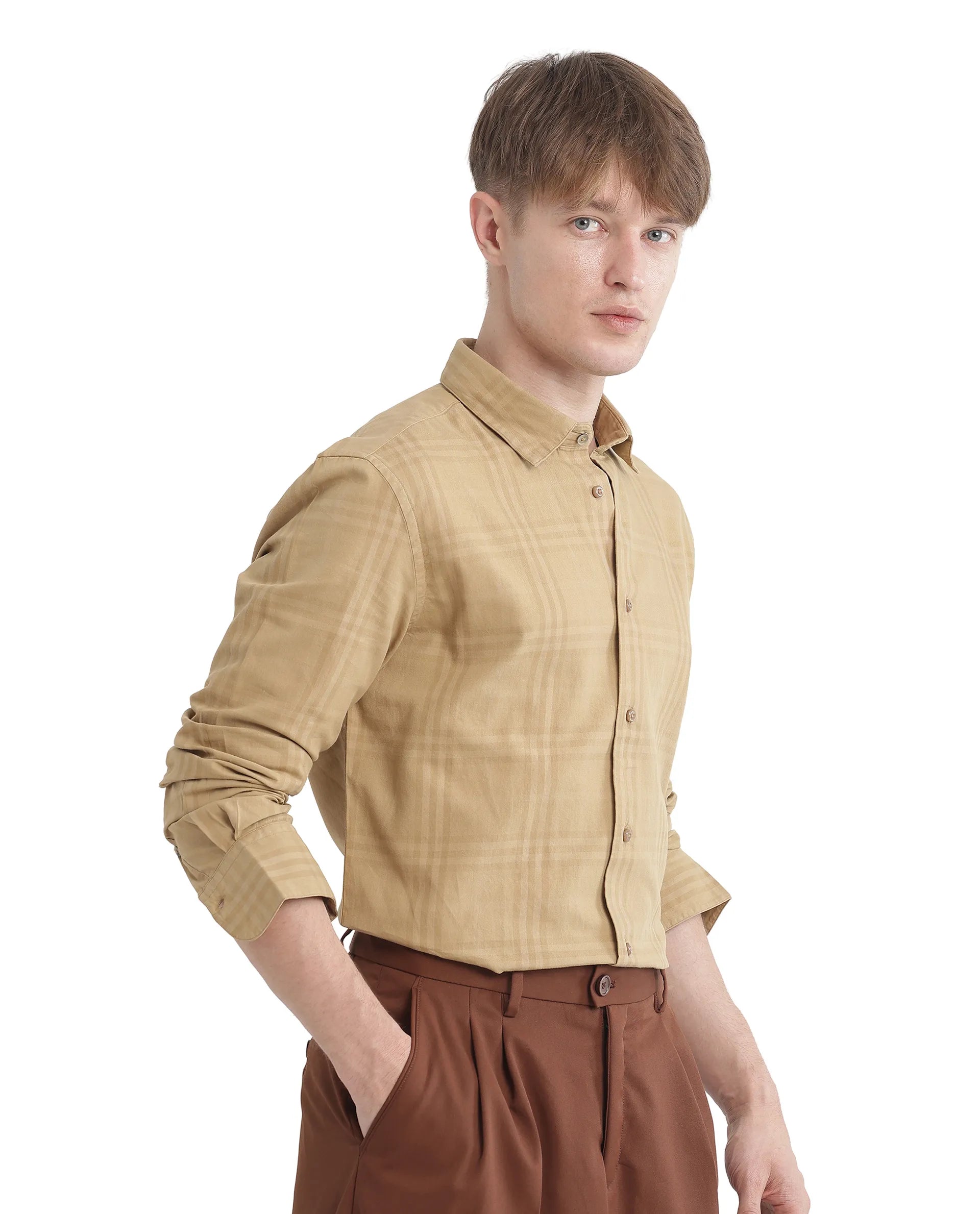 Rare Rabbit Men Mucia Beige Cotton Fabric Regular Collar Full Sleeve Regular Fit Plaid Check Shirt