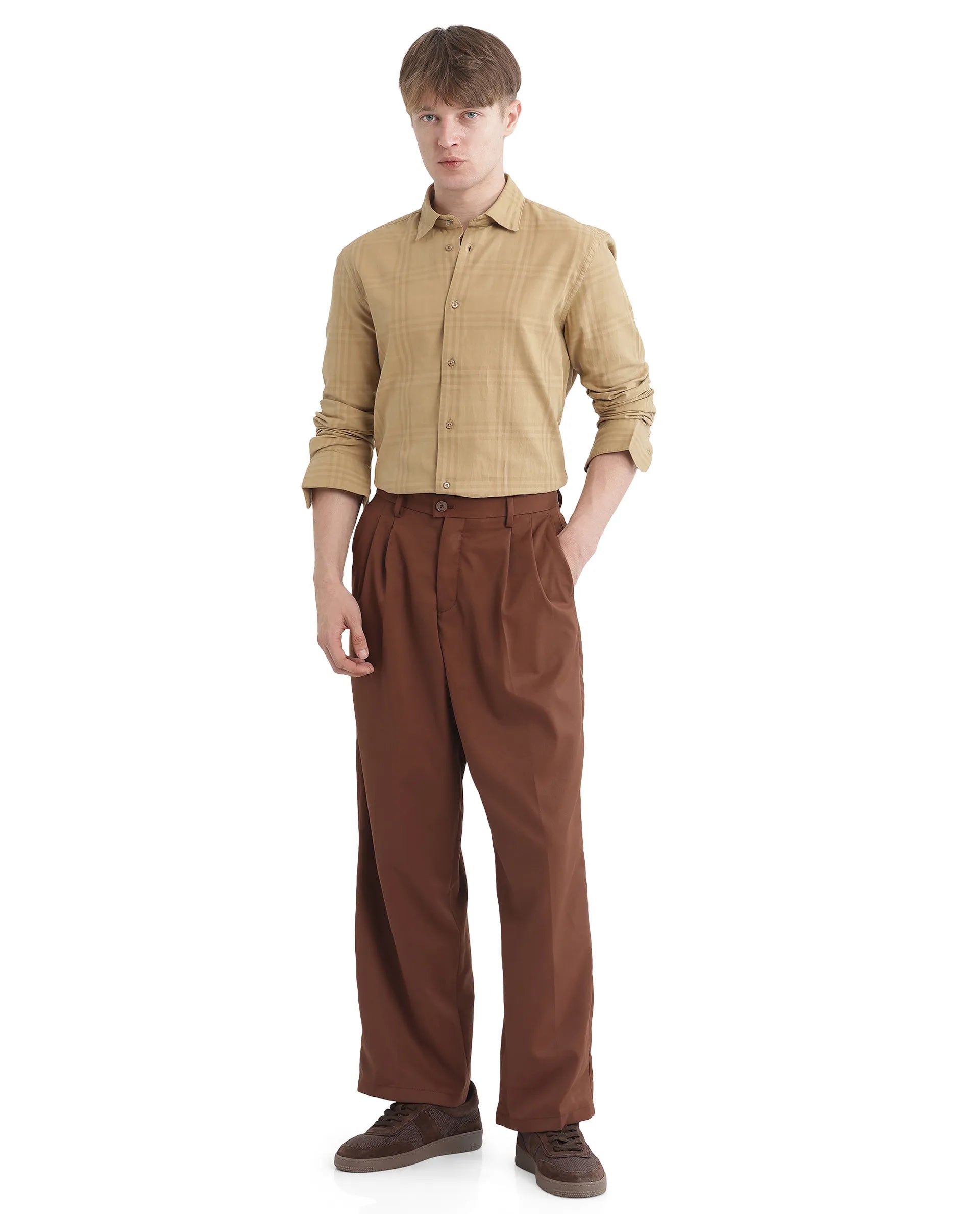 Rare Rabbit Men Mucia Beige Cotton Fabric Regular Collar Full Sleeve Regular Fit Plaid Check Shirt