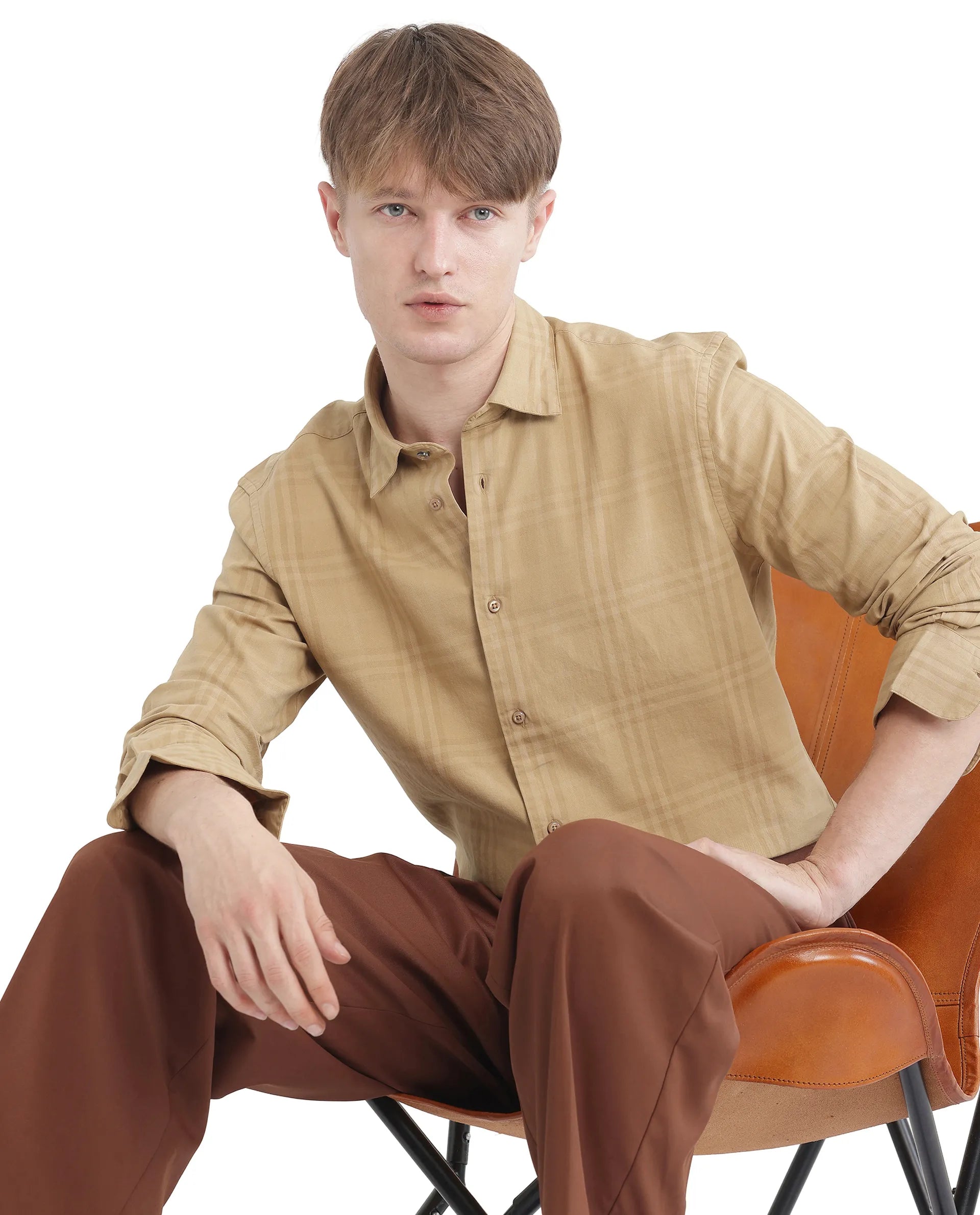 Rare Rabbit Men Mucia Beige Cotton Fabric Regular Collar Full Sleeve Regular Fit Plaid Check Shirt