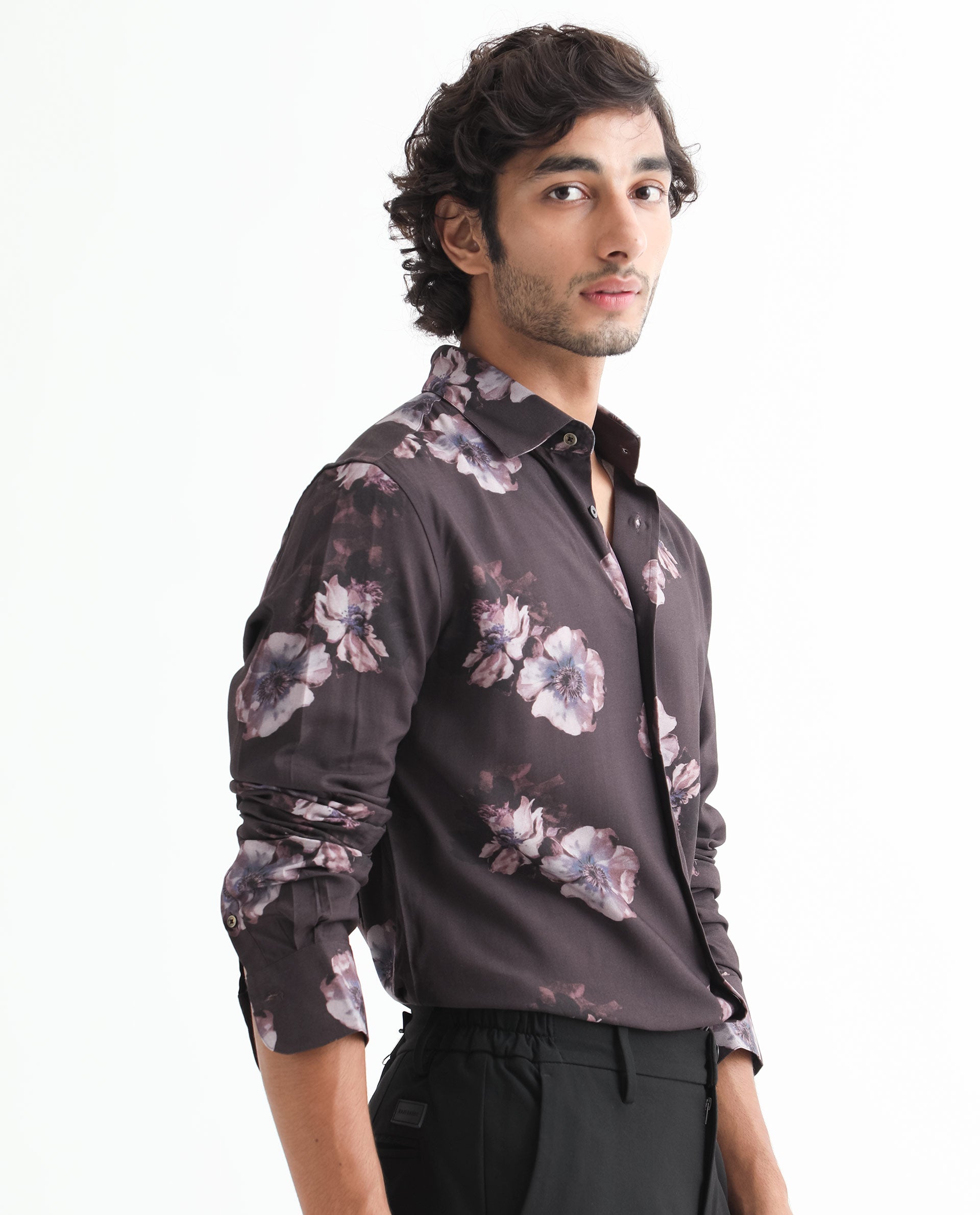 Rare Rabbit Men's Muds Brown Viscose Fabric Floral Print Full Sleeves Shirt